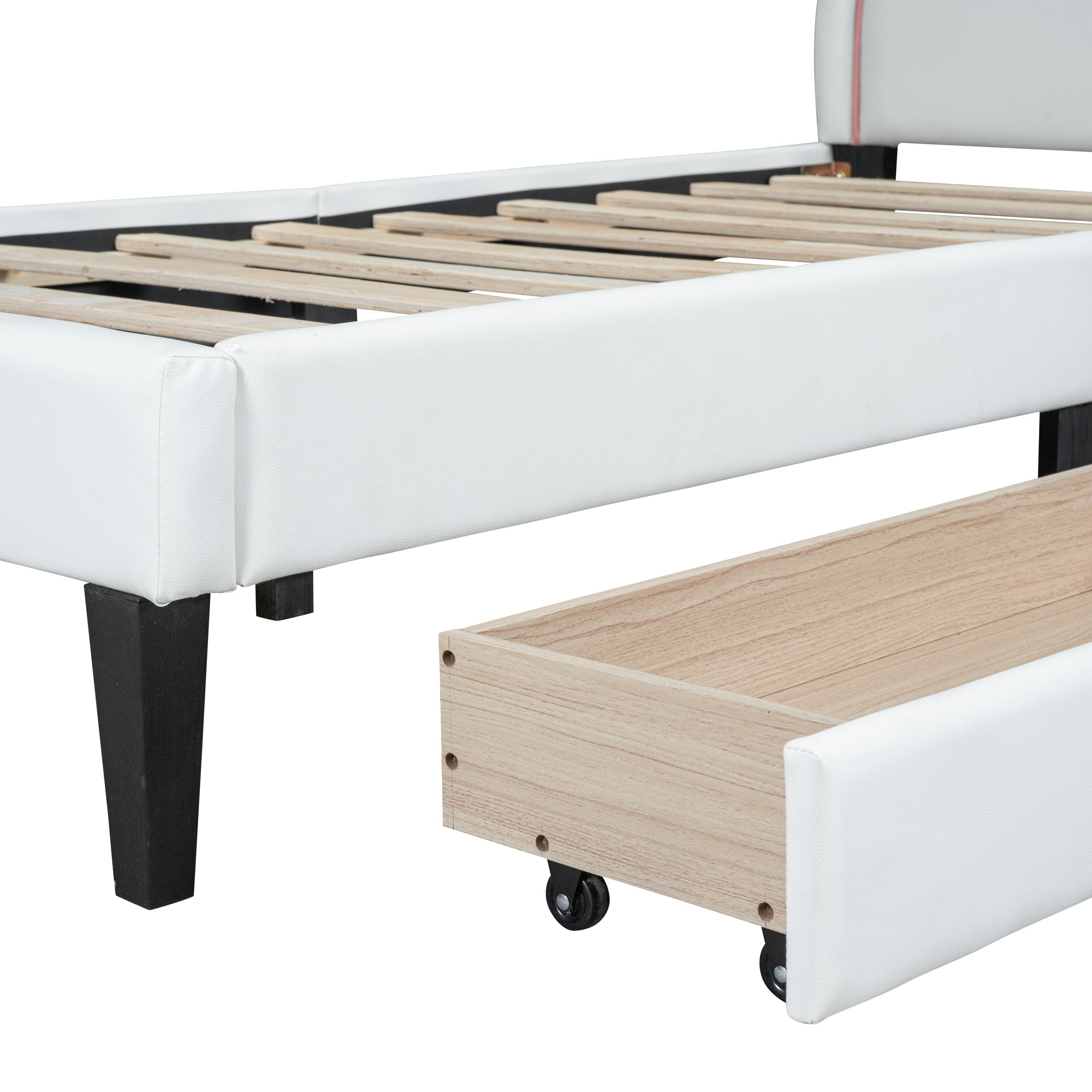 Twin Size Upholstered Leather Platform Bed with Rabbit Ornament and 2 Drawers, White - Atlantic Fine Furniture Melbourne FL