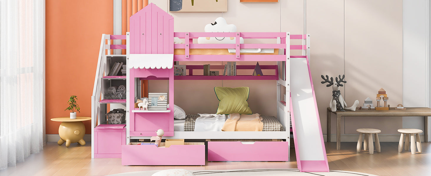 Twin-Over-Twin Castle Style Bunk Bed with 2 Drawers 3 Shelves and Slide - Pink - Atlantic Fine Furniture Melbourne FL