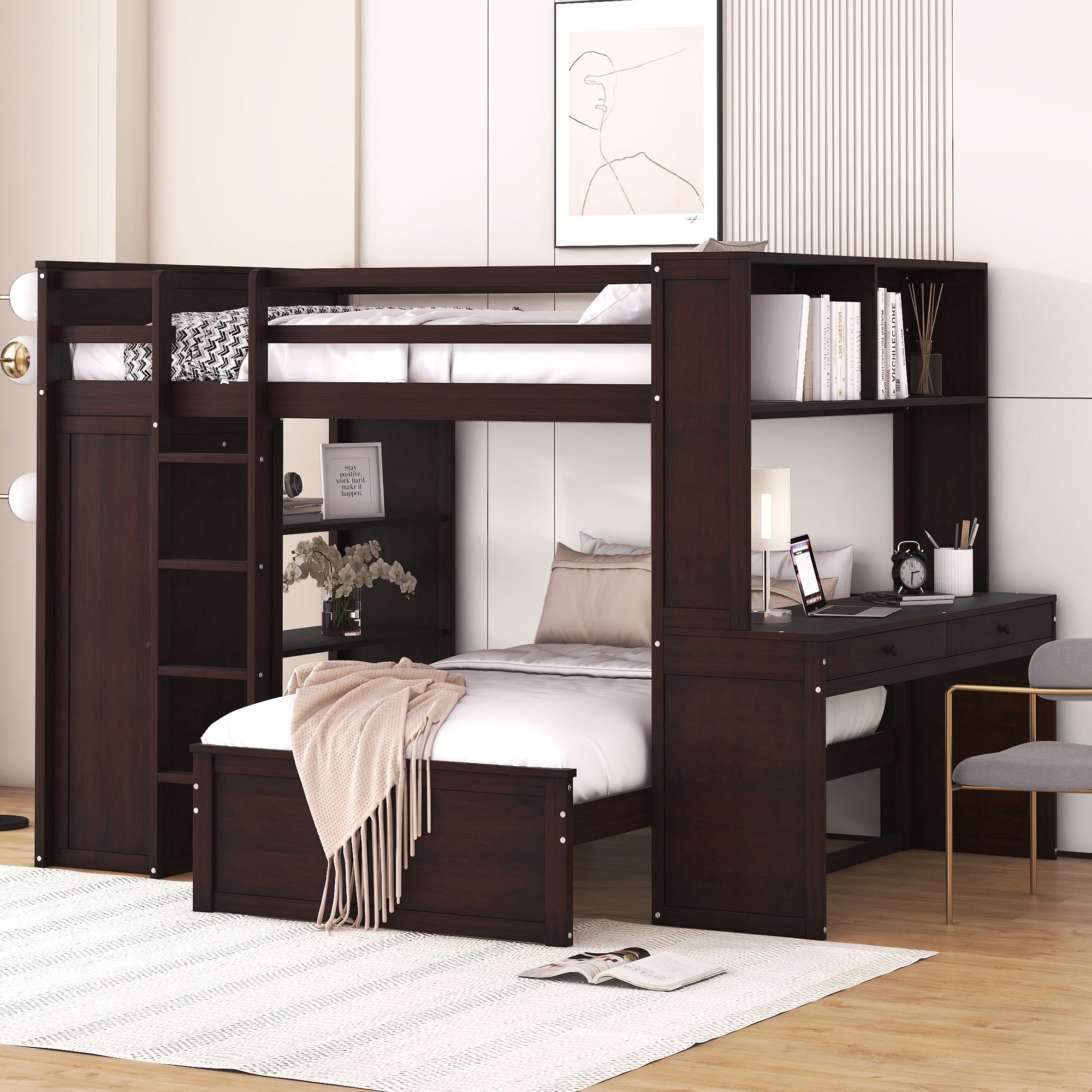 Full size Loft Bed with a twin size Stand-alone bed, Shelves,Desk,and Wardrobe-Espresso - Atlantic Fine Furniture Melbourne FL