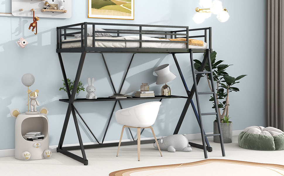 Twin Size Loft Bed with Desk, Ladder and Full-Length Guardrails, X-Shaped Frame, Black(Old SKU: MF297073AAB) - Atlantic Fine Furniture Melbourne FL
