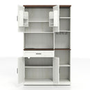 Farmhouse Kitchen Pantry Sideboard With Cabinet And Drawer, Multi Functional Kitchen Buffet With Hutch And Glass Holder, Microwave Stand With Charging Station - Brown / Antique White