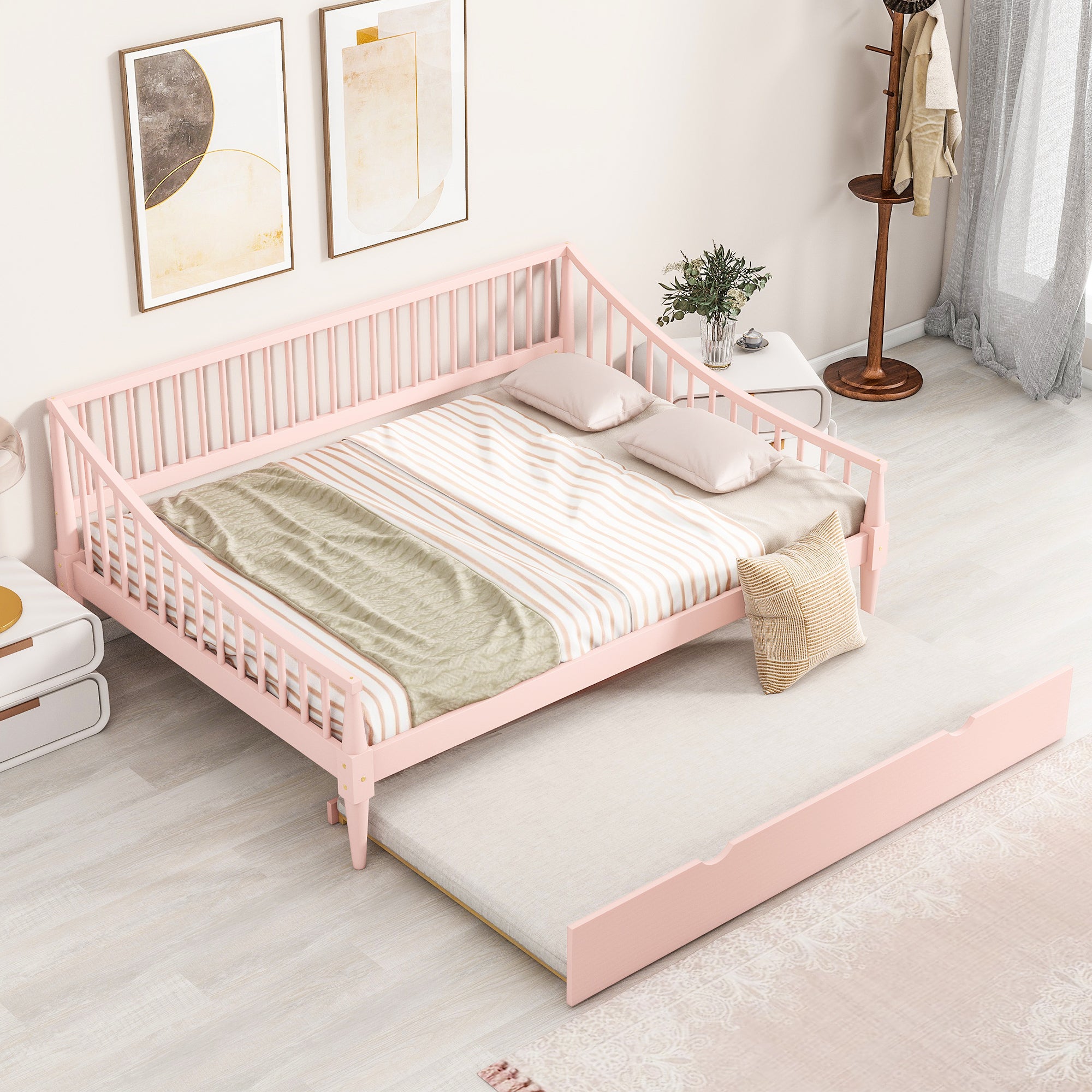 Full Size Daybed with Trundle and Support Legs, Pink - Atlantic Fine Furniture Melbourne FL