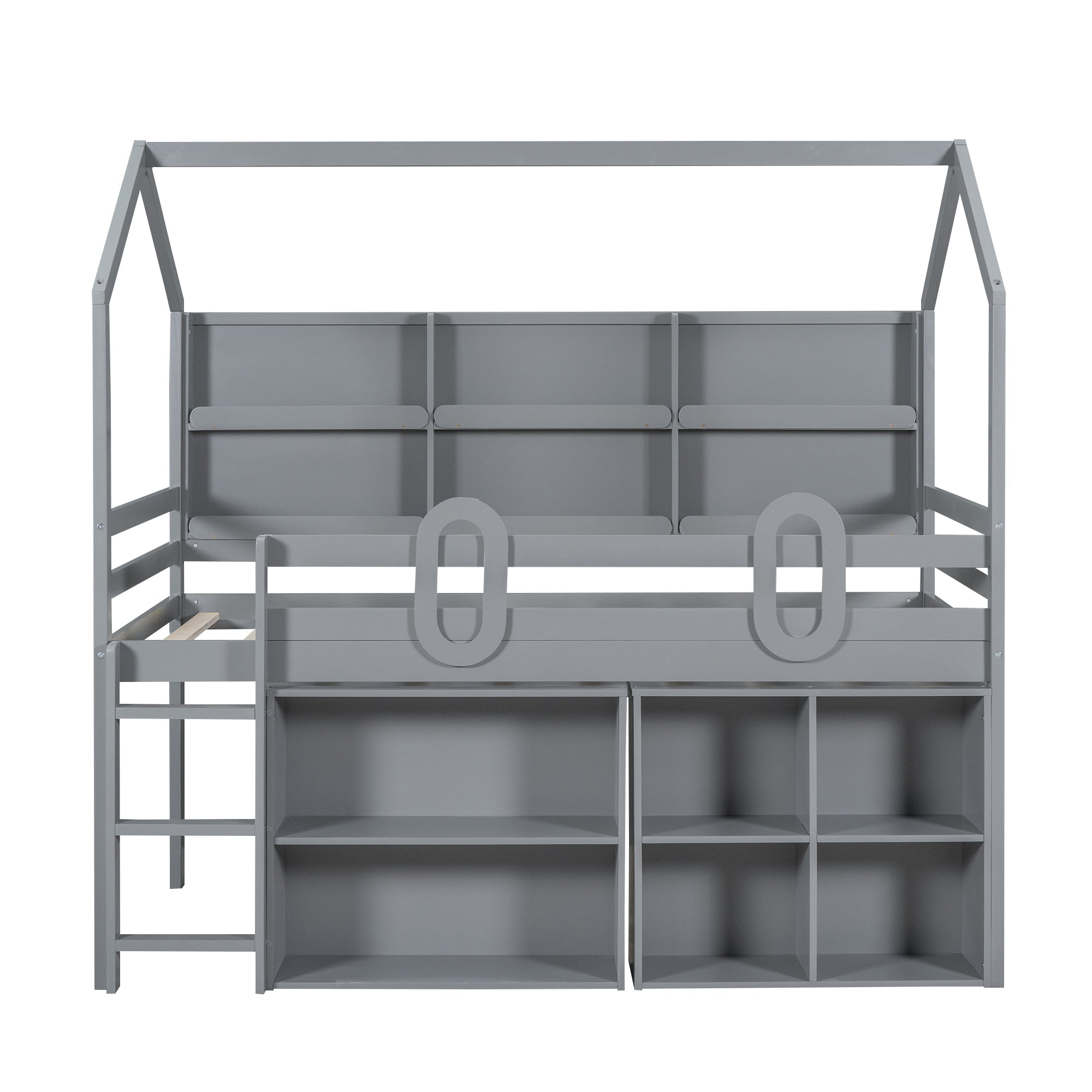 Twin Size House Loft Bed with Multiple Storage Shelves, Grey - Atlantic Fine Furniture Melbourne FL