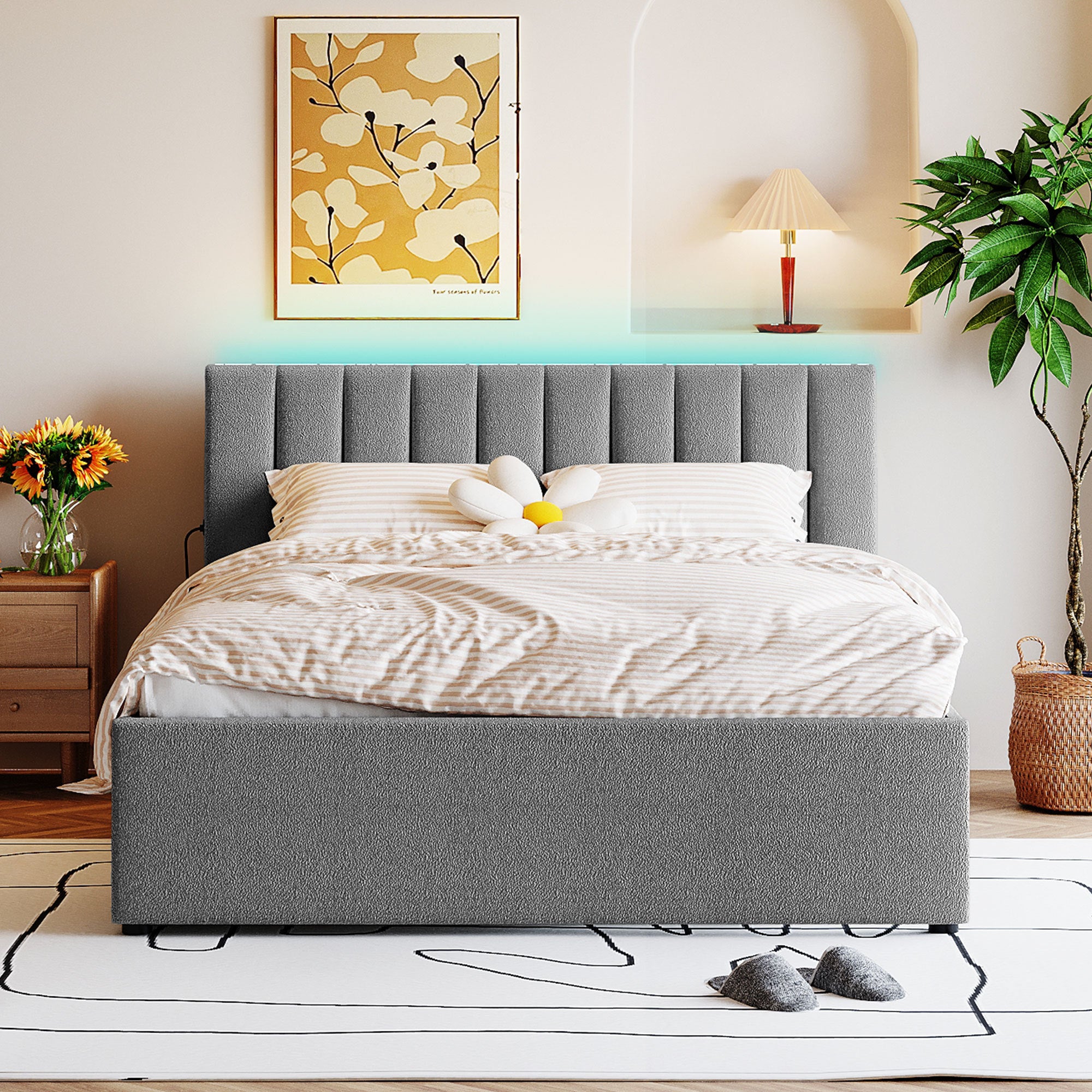 Teddy Fleece Queen Size Upholstered Platform Bed with Trundle, Gray - Atlantic Fine Furniture Melbourne FL