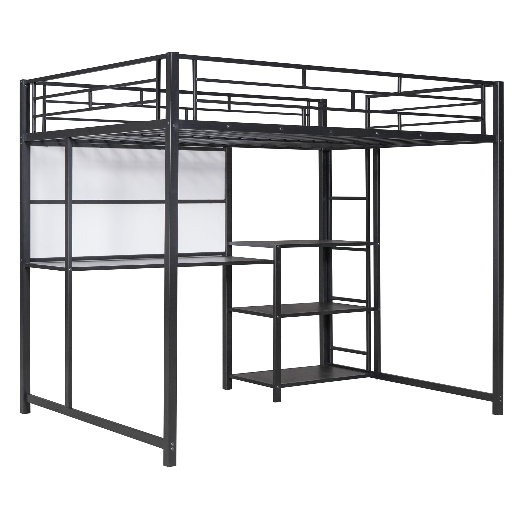Full Size Loft Bed with Desk and Whiteboard, Metal Loft Bed with 3 Shelves and Ladder, Black - Atlantic Fine Furniture Melbourne FL