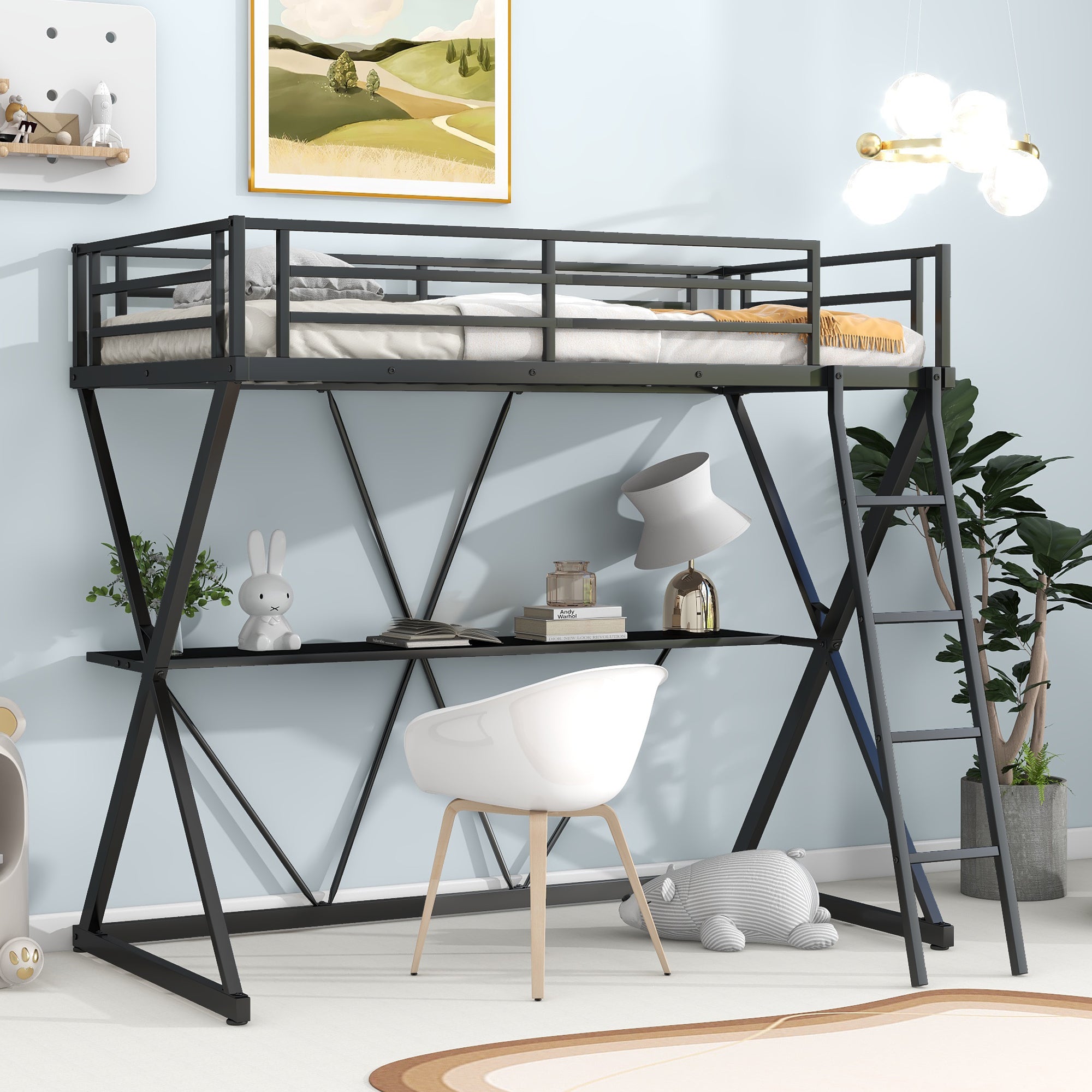 Twin Size Loft Bed with Desk, Ladder and Full-Length Guardrails, X-Shaped Frame, Black(Old SKU: MF297073AAB) - Atlantic Fine Furniture Melbourne FL