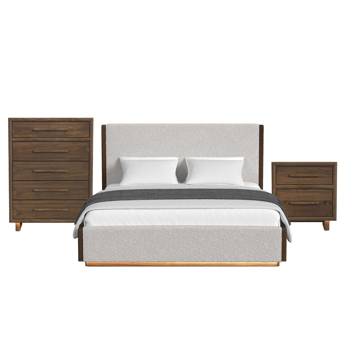 Brisbane Upholstered Bedroom Set With Boucle And LED in Beige by Elements International