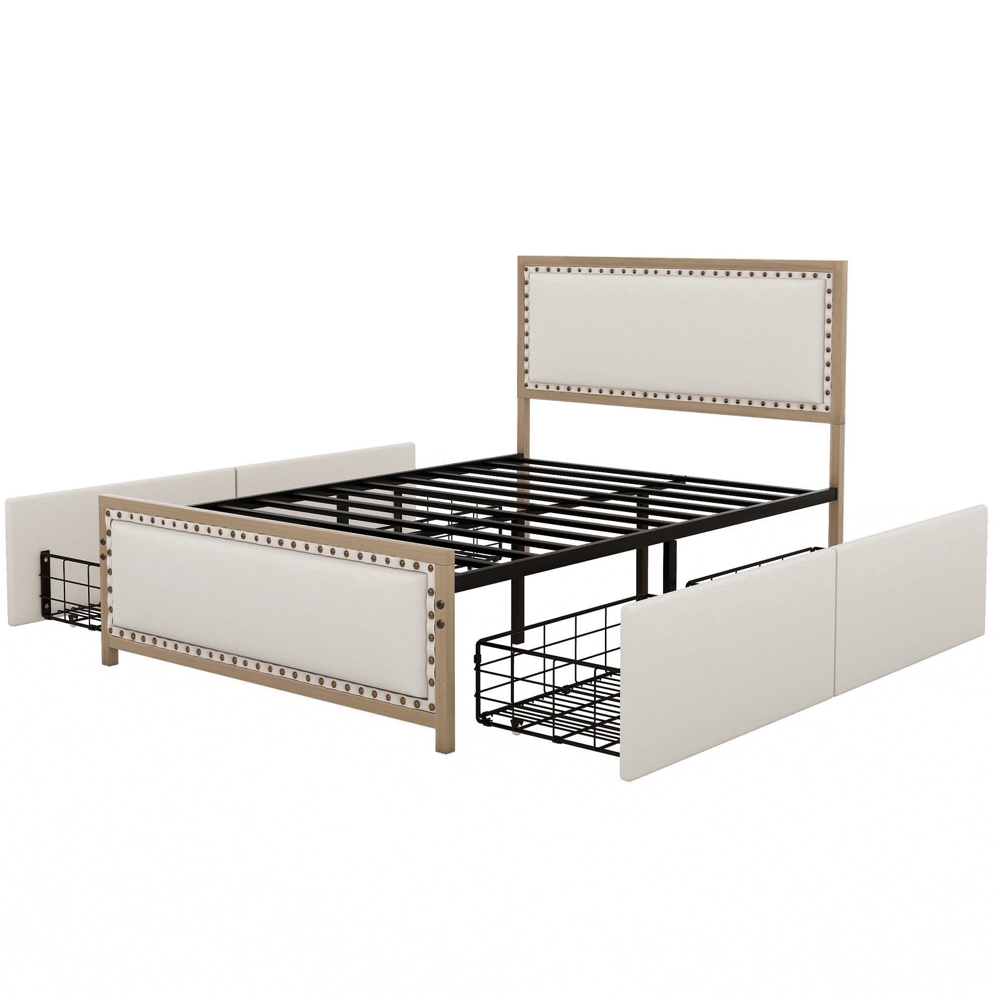 Full Size Upholstered Platform Bed with Nailhead Decoration and 4 Drawers, Brown - Atlantic Fine Furniture Melbourne FL