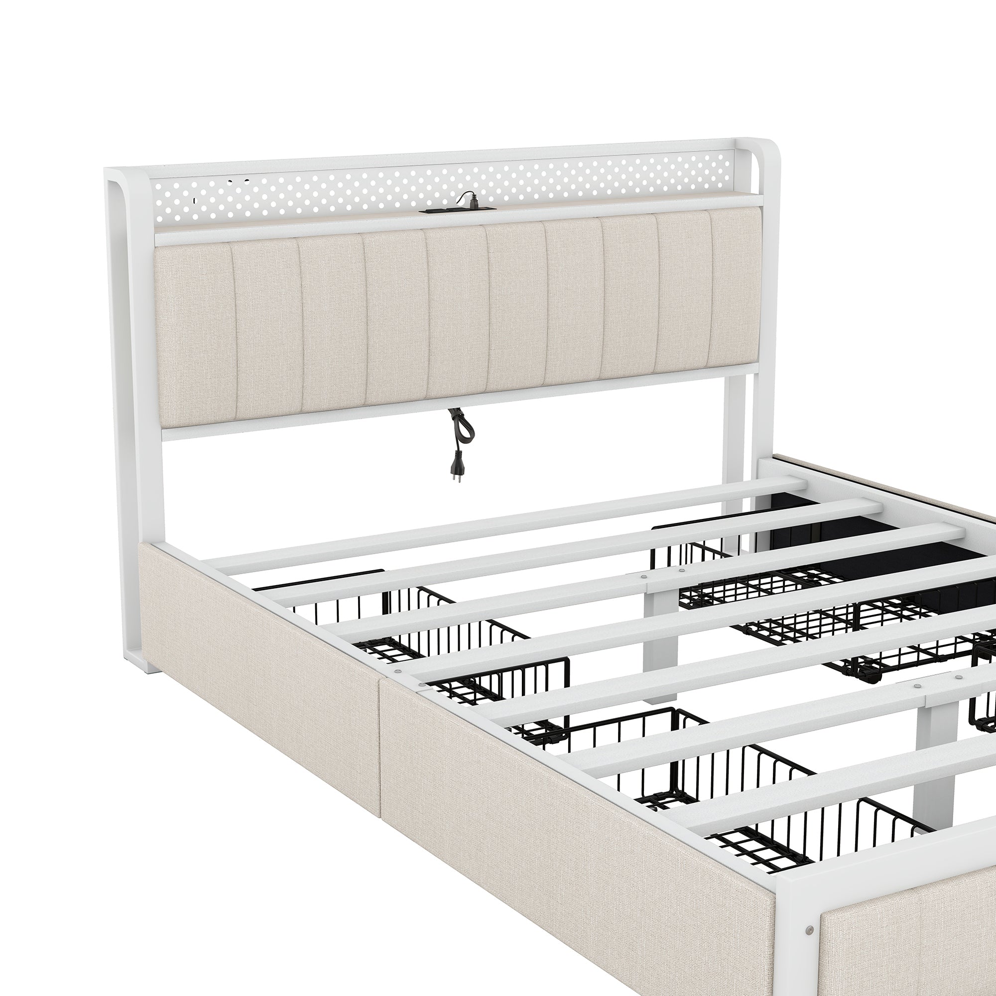 Queen Bed Frame with LED Headboard, Upholstered Bed with 4 Storage Drawers and USB Ports, Beige - Atlantic Fine Furniture Melbourne FL