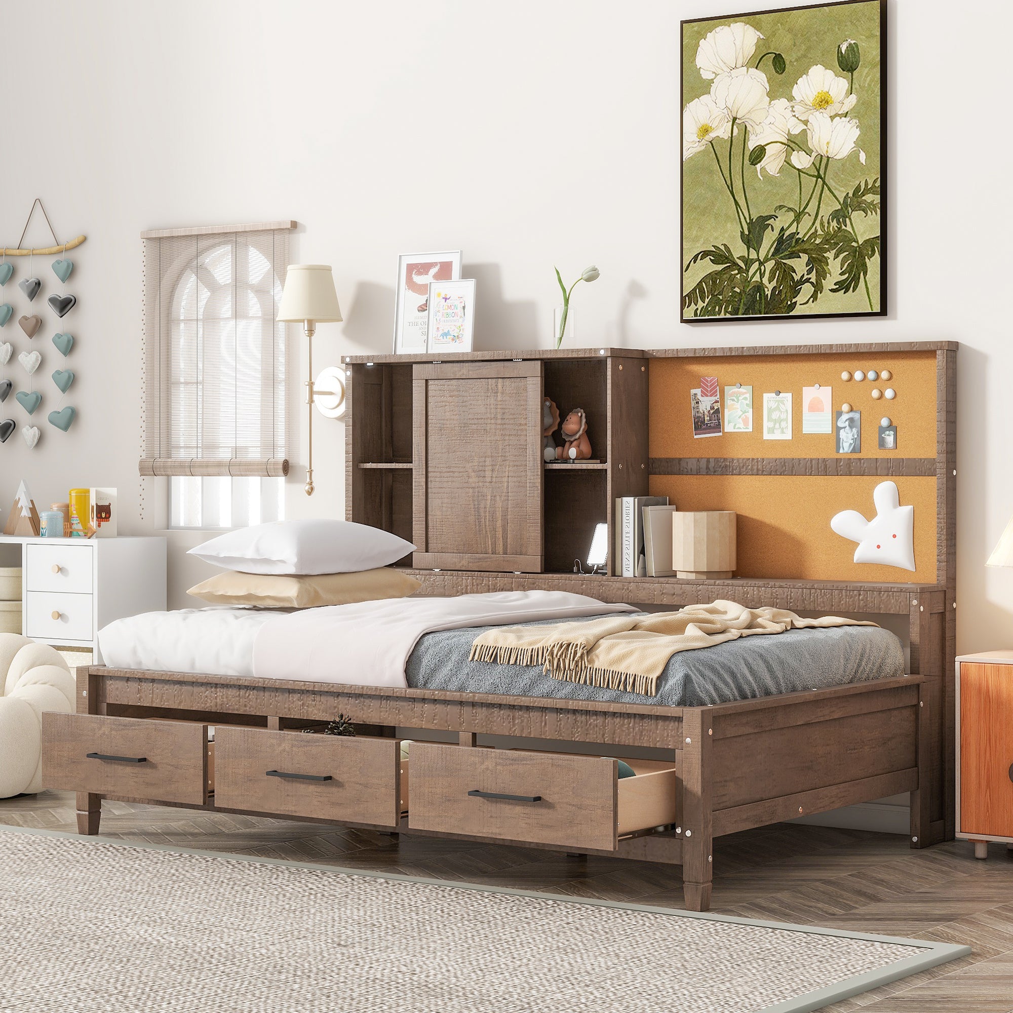 Twin Size Lounge Daybed with Storage Shelves, Cork Board, USB Ports and 3 Drawers, Antique Wood Color - Atlantic Fine Furniture Melbourne FL