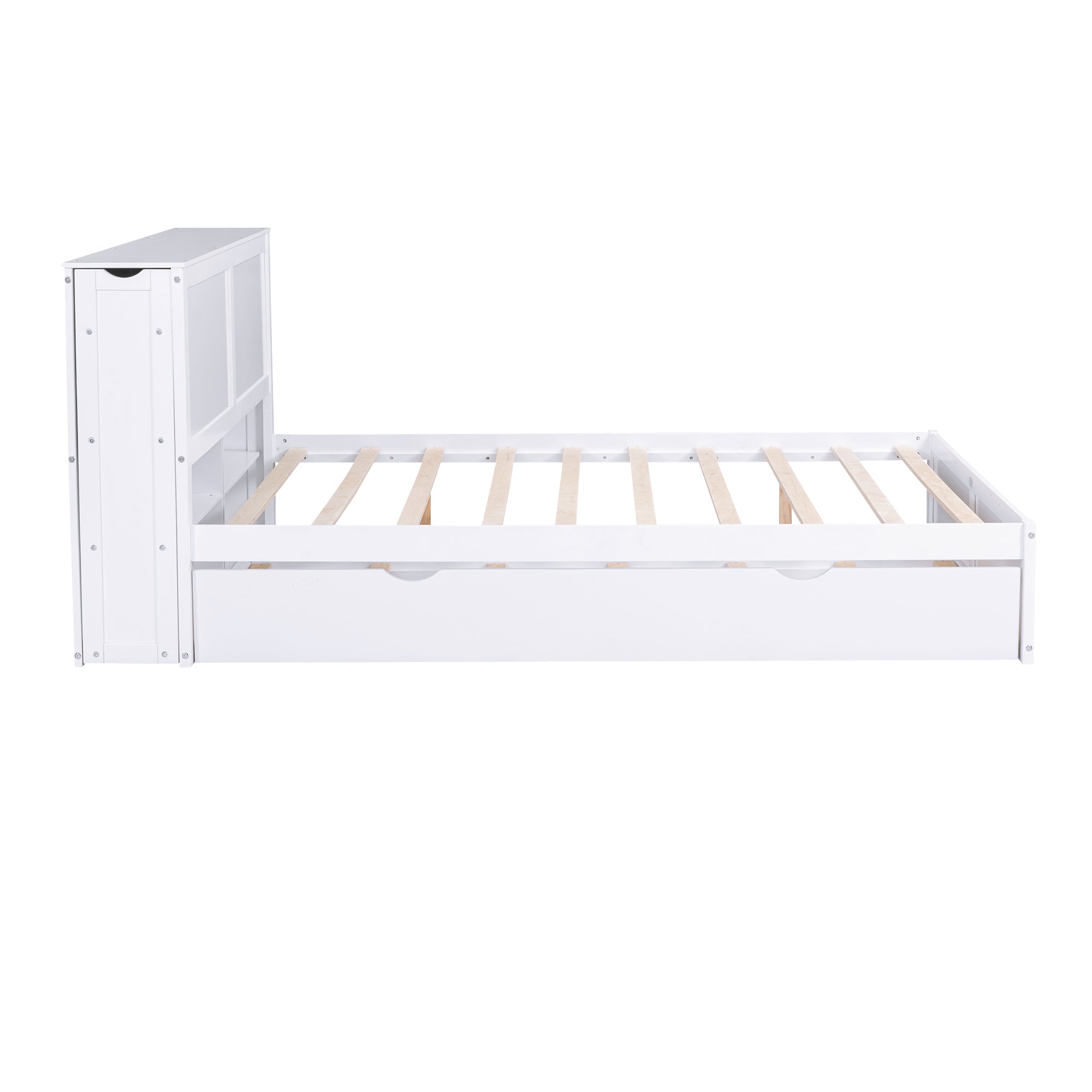 Queen Size Storage Platform Bed with Pull Out Shelves and Twin XL Size Trundle, White