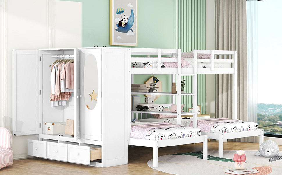 Full-Over-Twin-Twin Bunk Bed with Shelves, Wardrobe and Mirror, White - Atlantic Fine Furniture Melbourne FL