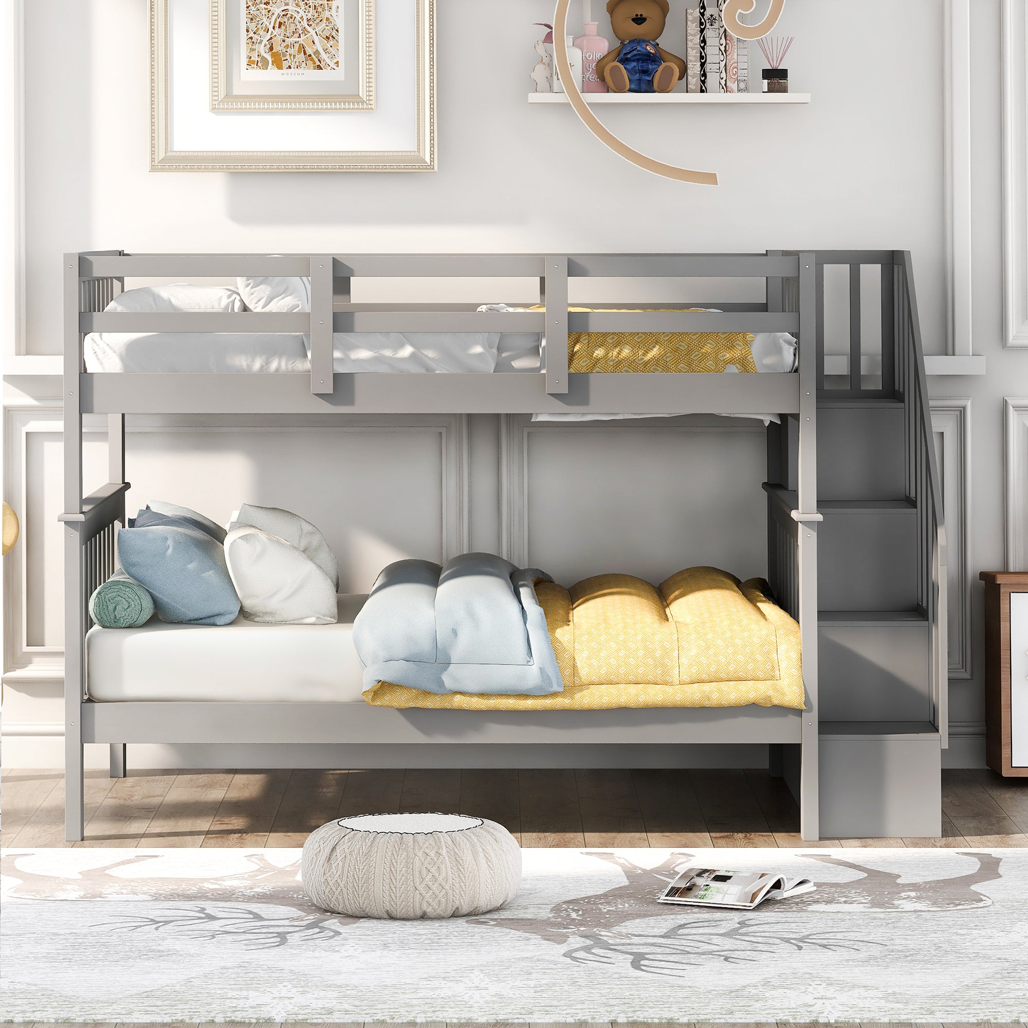 Stairway Full-Over-Full Bunk Bed with Storage and Guard Rail for Bedroom, Dorm, Gray(OLD SKU:LP000110AAE) - Atlantic Fine Furniture Melbourne FL