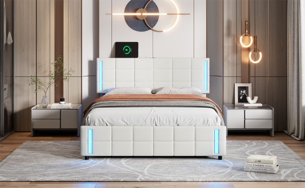 Queen Size Upholstered Platform Bed with LED Lights and USB Charging, Storage Bed with 4 Drawers, White - Atlantic Fine Furniture Melbourne FL
