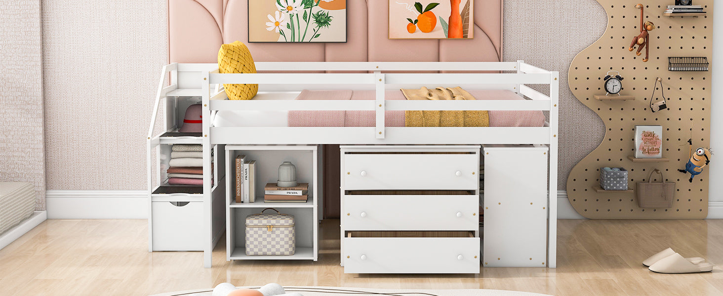Full Size Loft Bed with Retractable Writing Desk and 3 Drawers, Wooden Loft Bed with Storage Stairs and Shelves, White - Atlantic Fine Furniture Melbourne FL