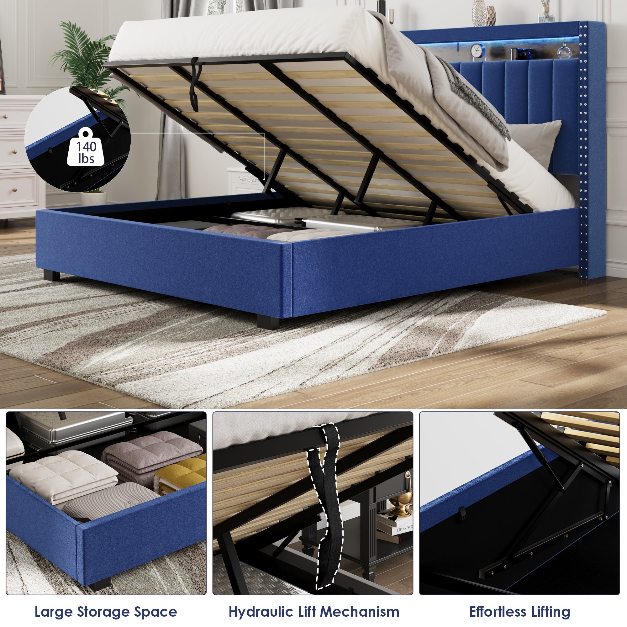 Luxury Gas Lift Storage Bed with RF LED Lights, Storage Headboard ,King Size ,Velvet Blue