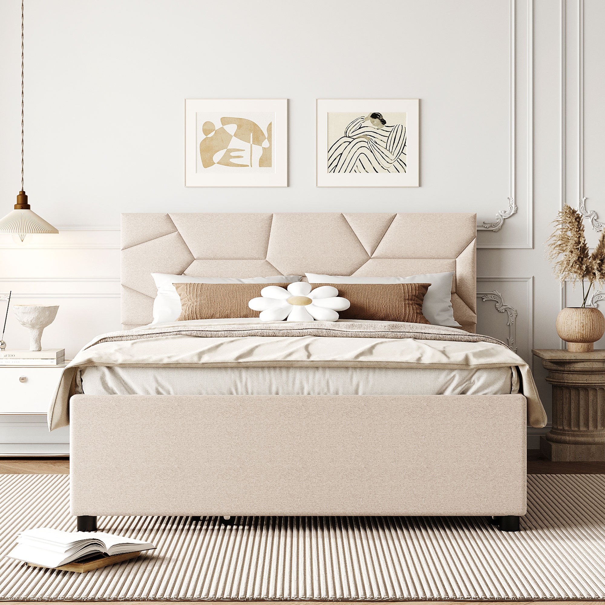 Full Size Upholstered Platform Bed with Brick Pattern Headboard and Twin Size Trundle, Linen Fabric, Beige - Atlantic Fine Furniture Melbourne FL