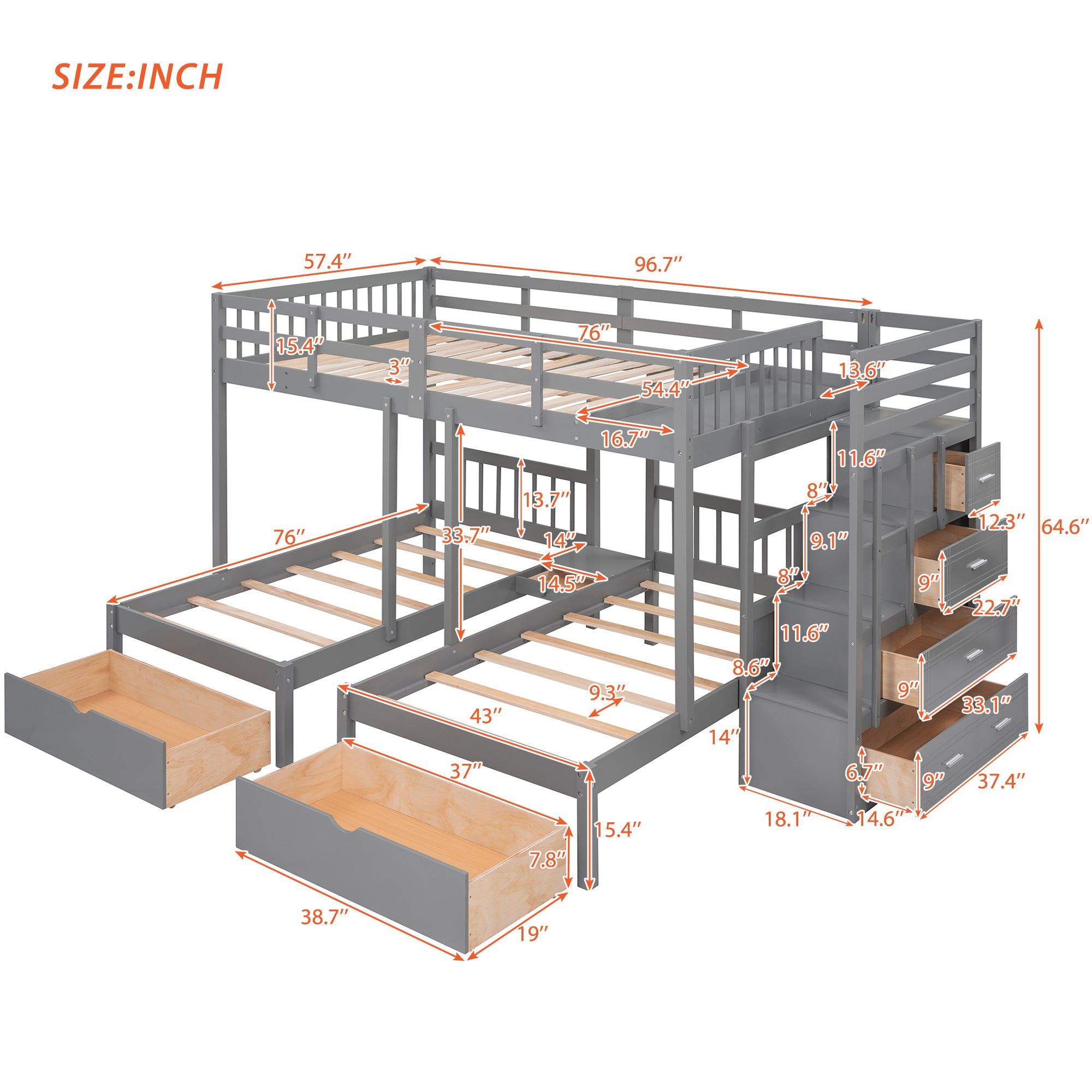 Full Over Twin & Twin Bunk Bed, Wood Triple Bunk Bed with Drawers and Guardrails (Gray) - Atlantic Fine Furniture Melbourne FL