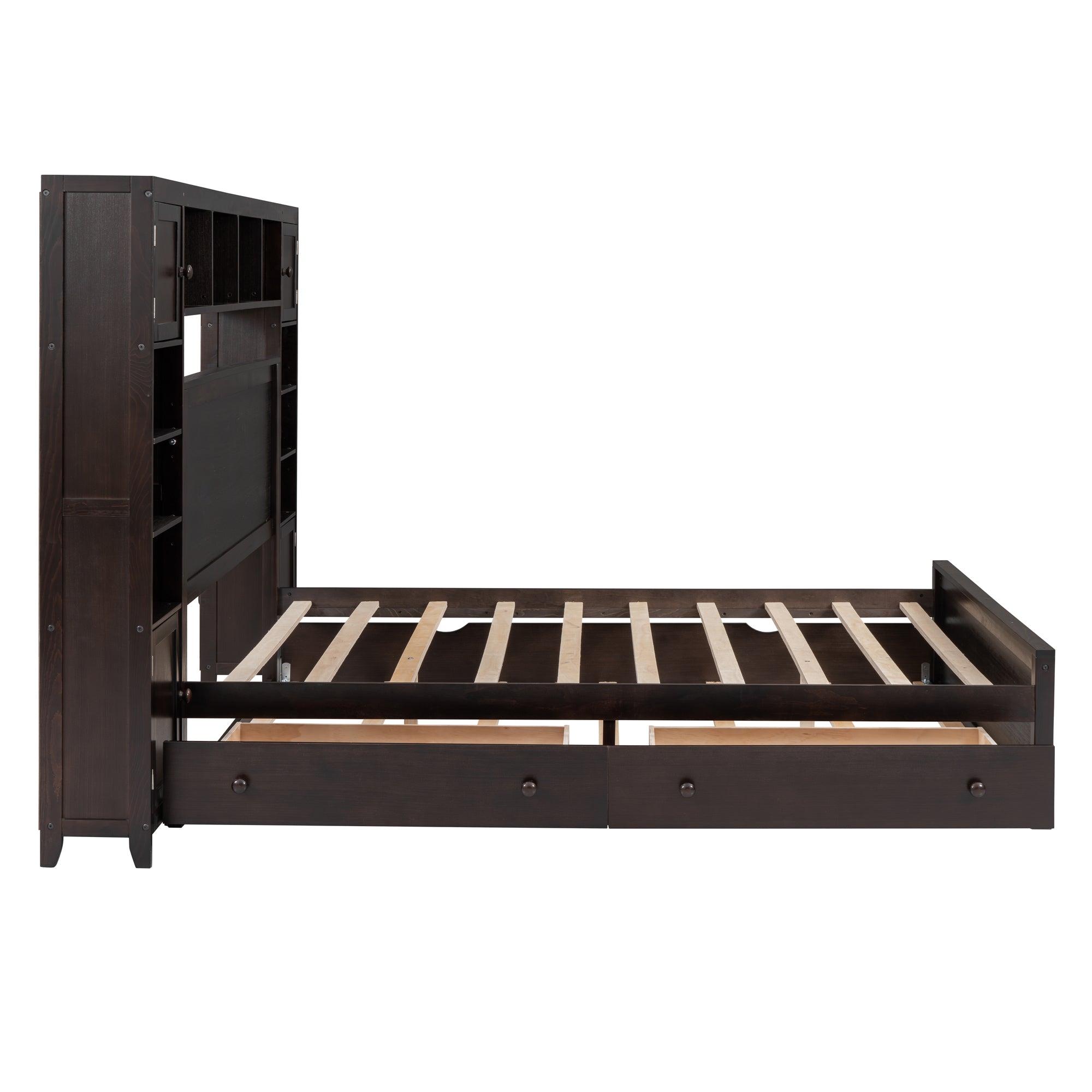 Queen Size Wooden Bed With All-in-One Cabinet, Shelf and Sockets, Espresso - Atlantic Fine Furniture Melbourne FL