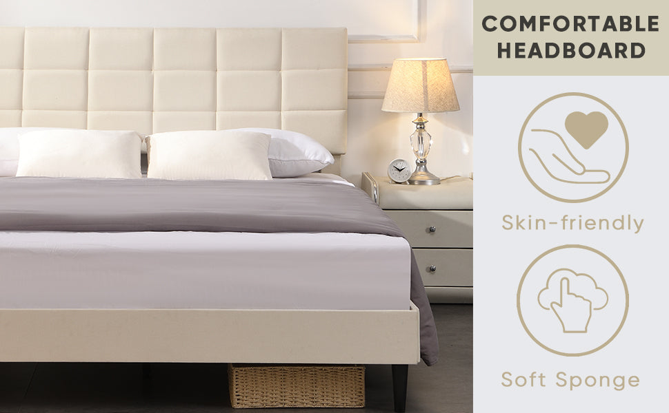 Full Size Platform Bed Frame with Fabric Upholstered Headboard and Wooden Slats, No Box Spring Needed/Easy Assembly, Beige - Atlantic Fine Furniture Melbourne FL
