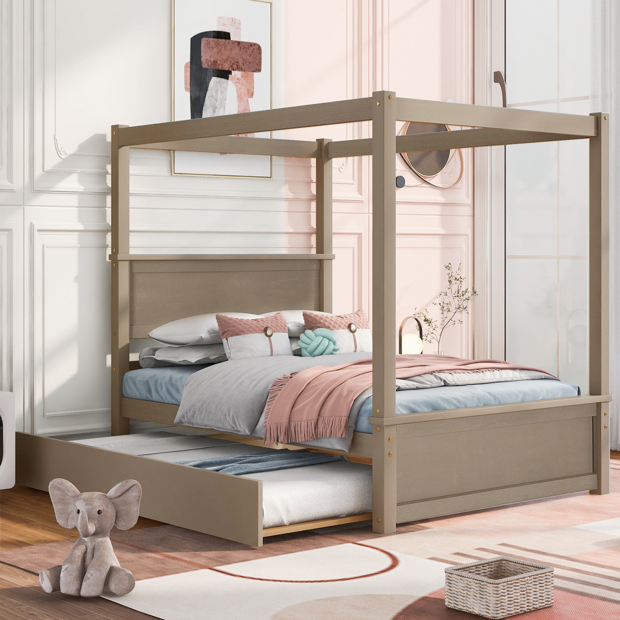 Wood Canopy Bed with Trundle Bed ,Full Size Canopy Platform bed With Support Slats .No Box Spring Needed, Brushed Light Brown - Atlantic Fine Furniture Melbourne FL