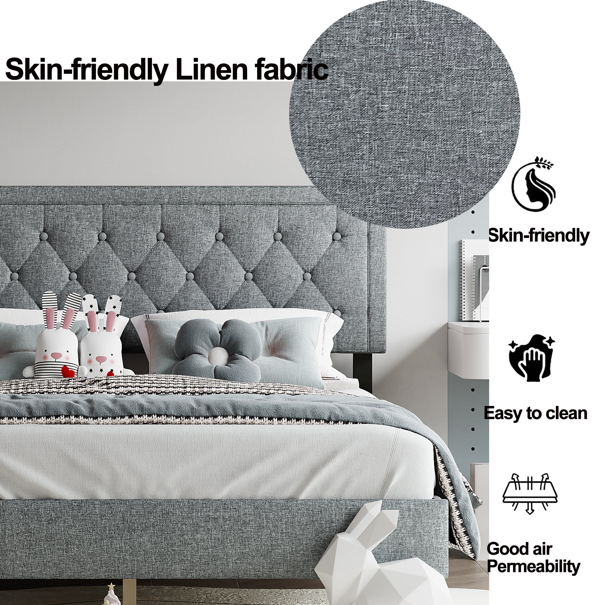 Queen size Panel Bed Frame with Adjustable Button-Tufted Headboard for Bedroom/Linen Upholstered/Wood Slat Support/Easy Assembly,Light Grey