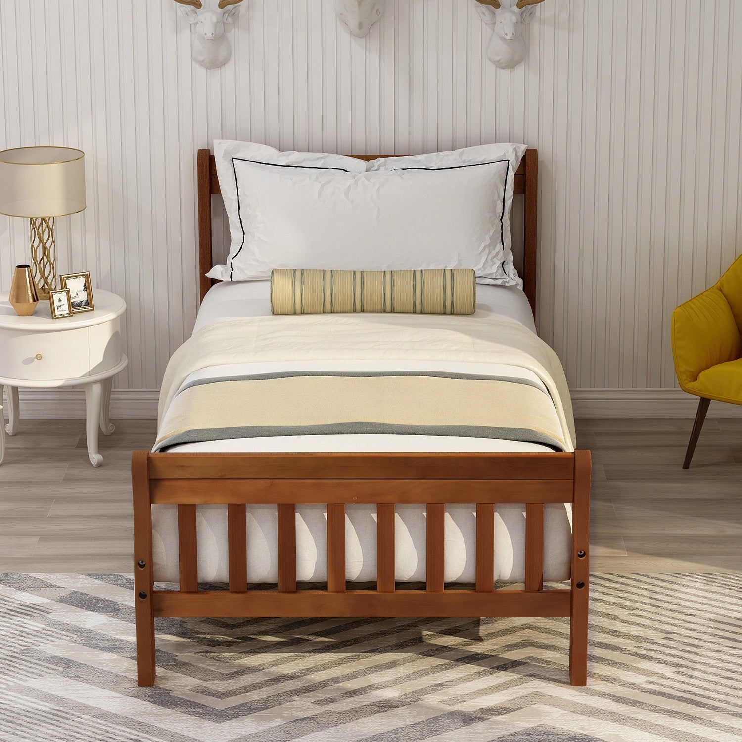 Wood Platform Bed Twin Bed Frame Panel Bed Mattress Foundation Sleigh Bed with Headboard/Footboard/Wood Slat Support - Atlantic Fine Furniture Melbourne FL