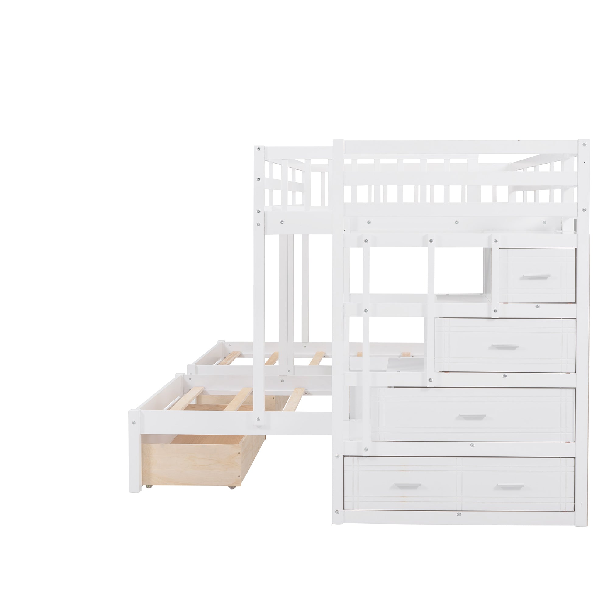 Full Over Twin & Twin Bunk Bed, Wood Triple Bunk Bed with Drawers and Guardrails (White) - Atlantic Fine Furniture Melbourne FL