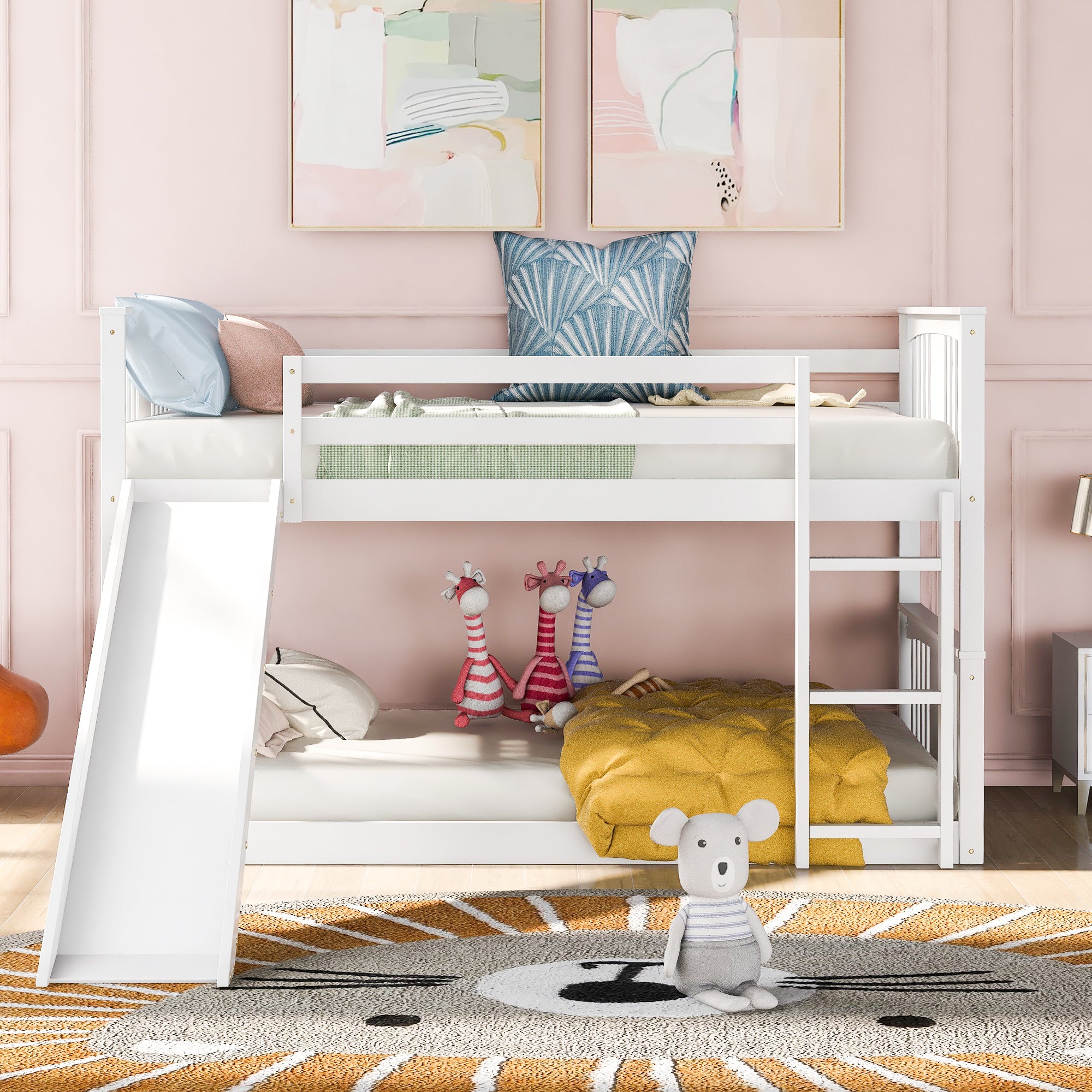 Twin Over Twin Bunk Bed with Slide and Ladder, White (Old SKU:LP000108AAK)