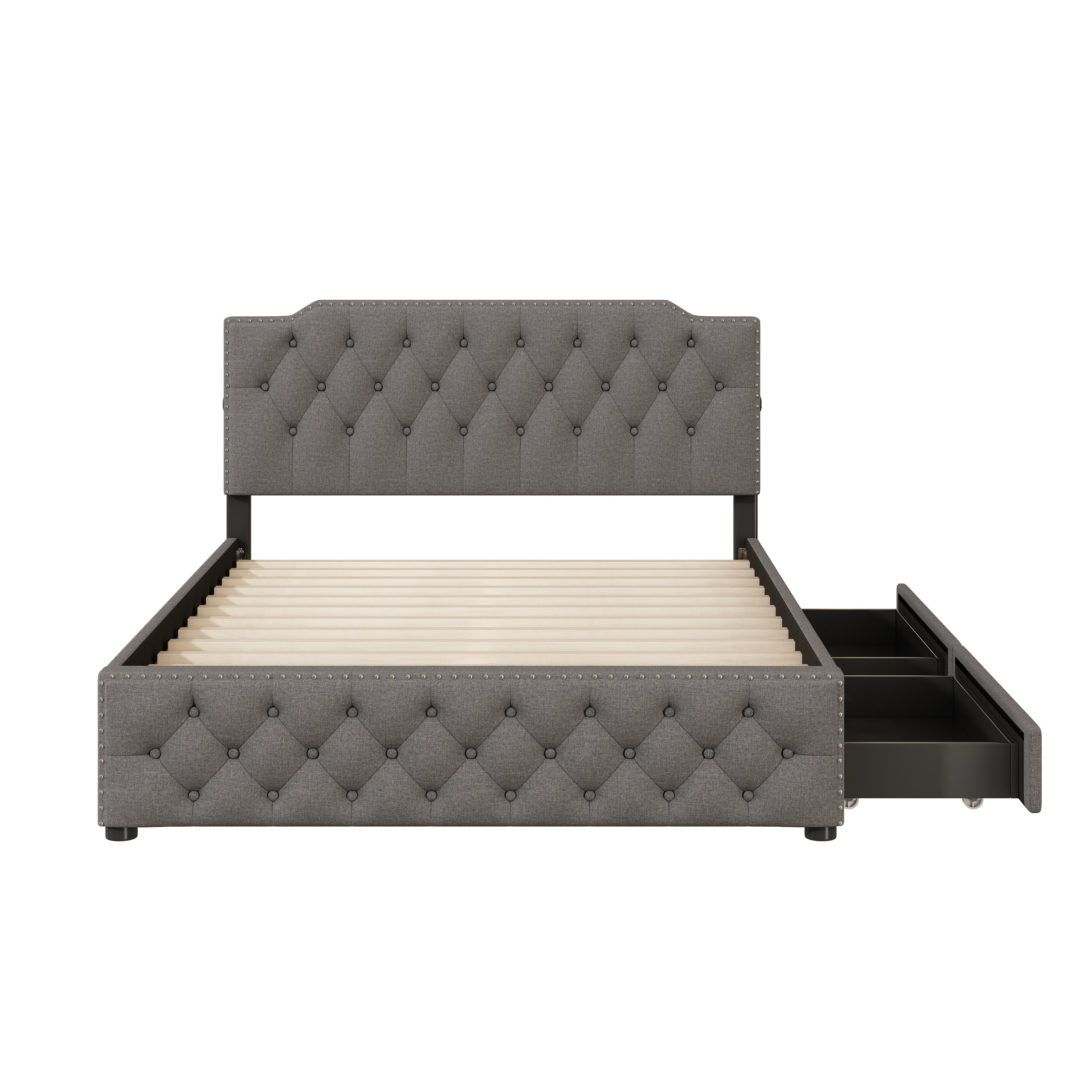 Queen Size Upholstered Platform Bed with 2 Drawers and 2 sets of USB Ports on each side, Linen Fabric, Gray - Atlantic Fine Furniture Melbourne FL