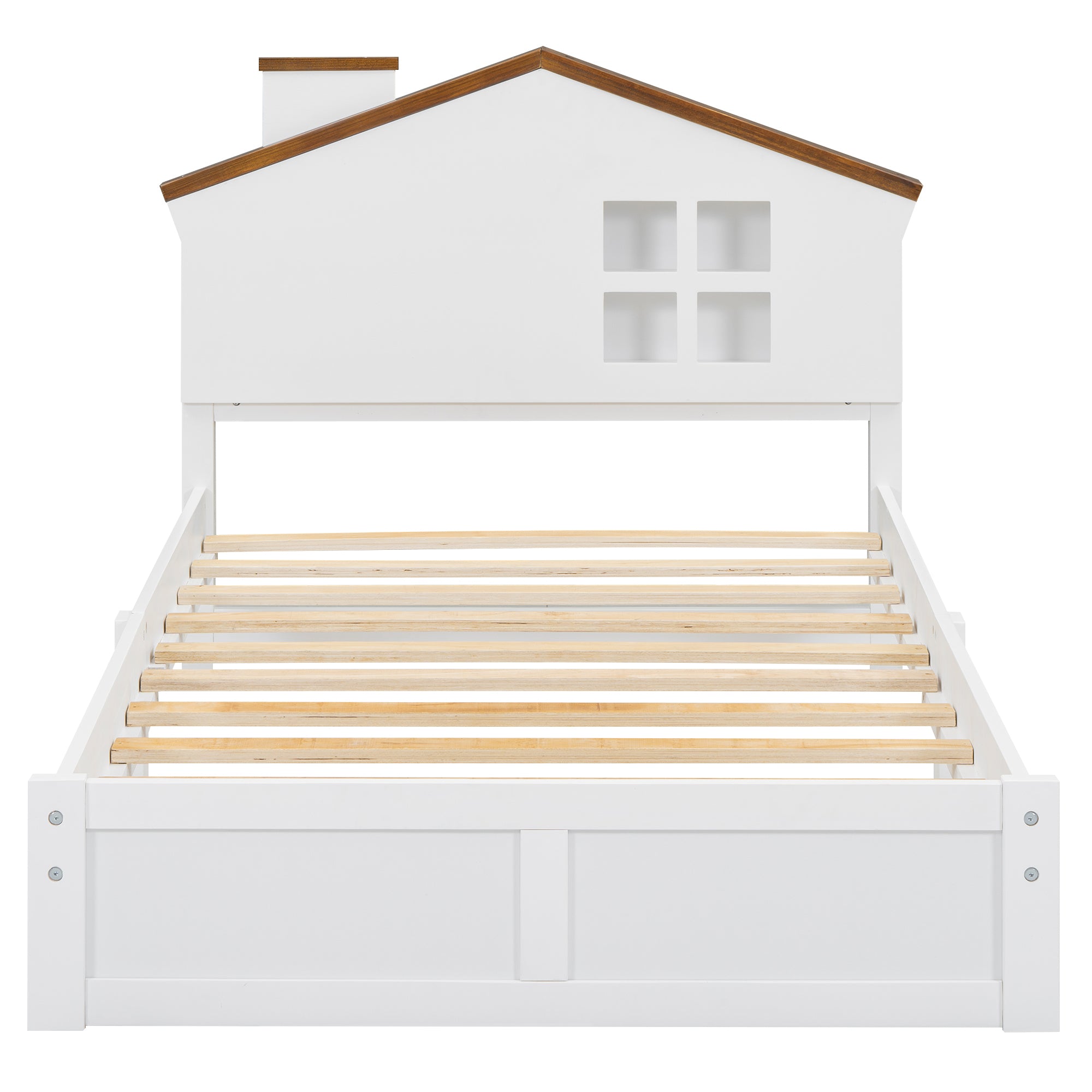 Twin Size Wood Platform Bed with House-shaped Headboard and Built-in LED, Walnut+White - Atlantic Fine Furniture Melbourne FL