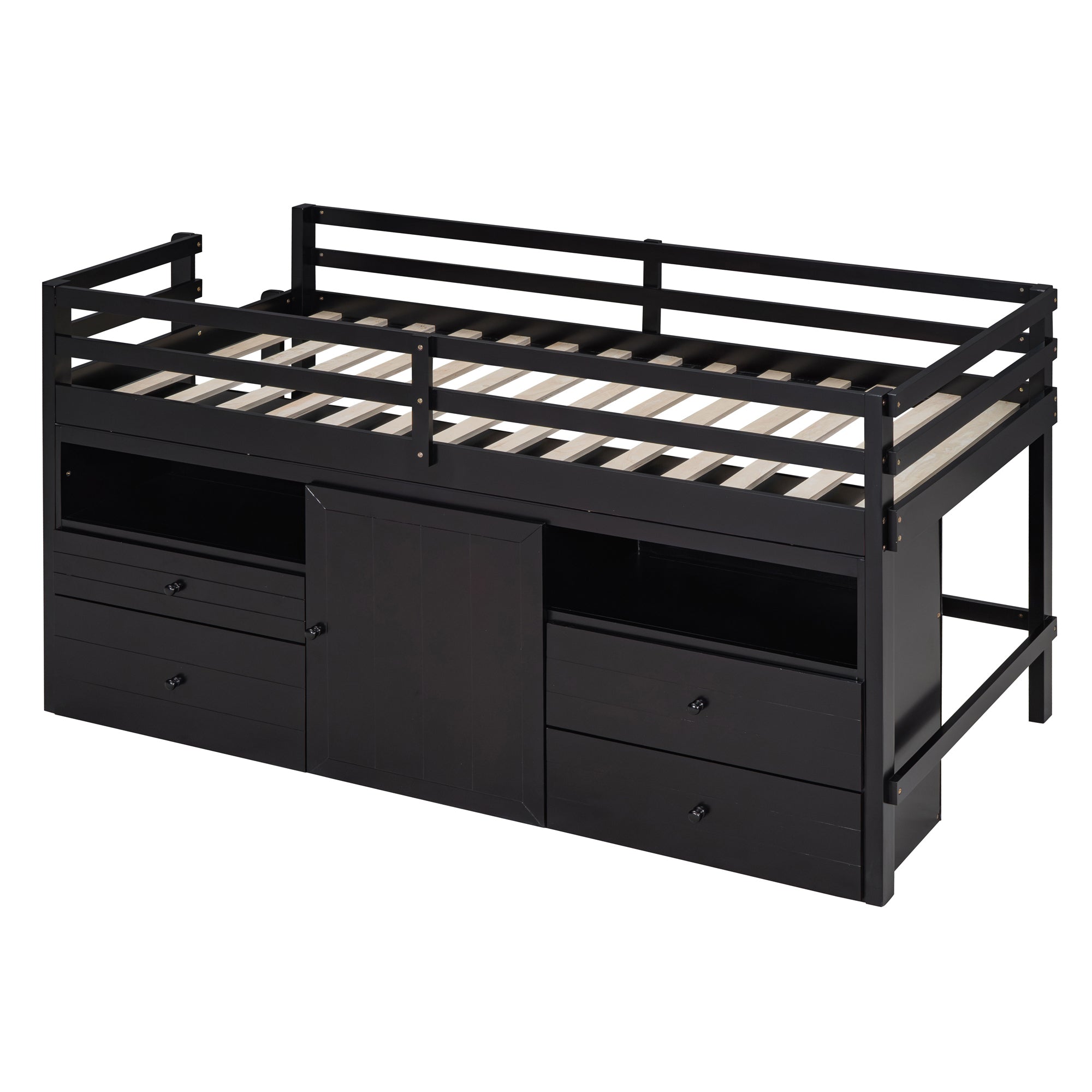 Twin Size Loft Bed with 4 Drawers, Underneath Cabinet and Shelves, Espresso - Atlantic Fine Furniture Melbourne FL