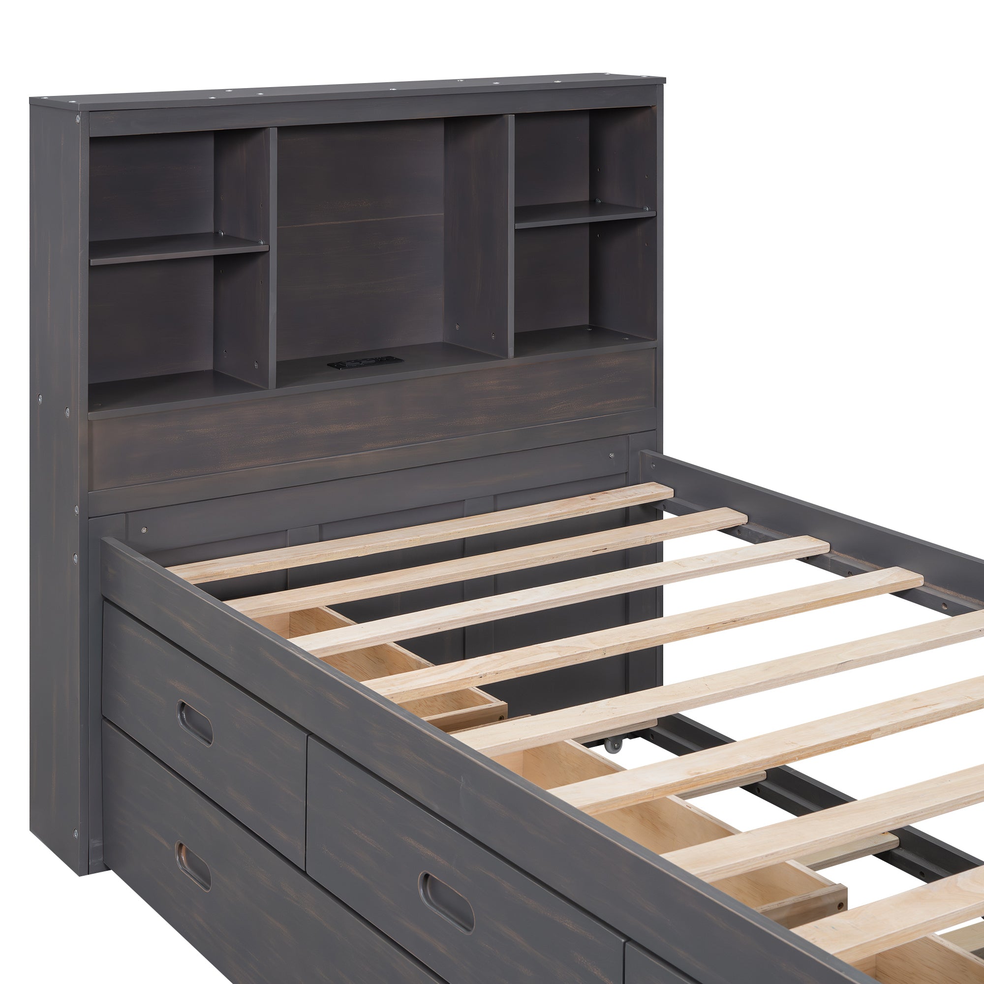 Twin Size Platform Bed with Storage Headboard, Charging Station, Twin Size Trundle and 3 Drawers, Antique Brown - Atlantic Fine Furniture Melbourne FL