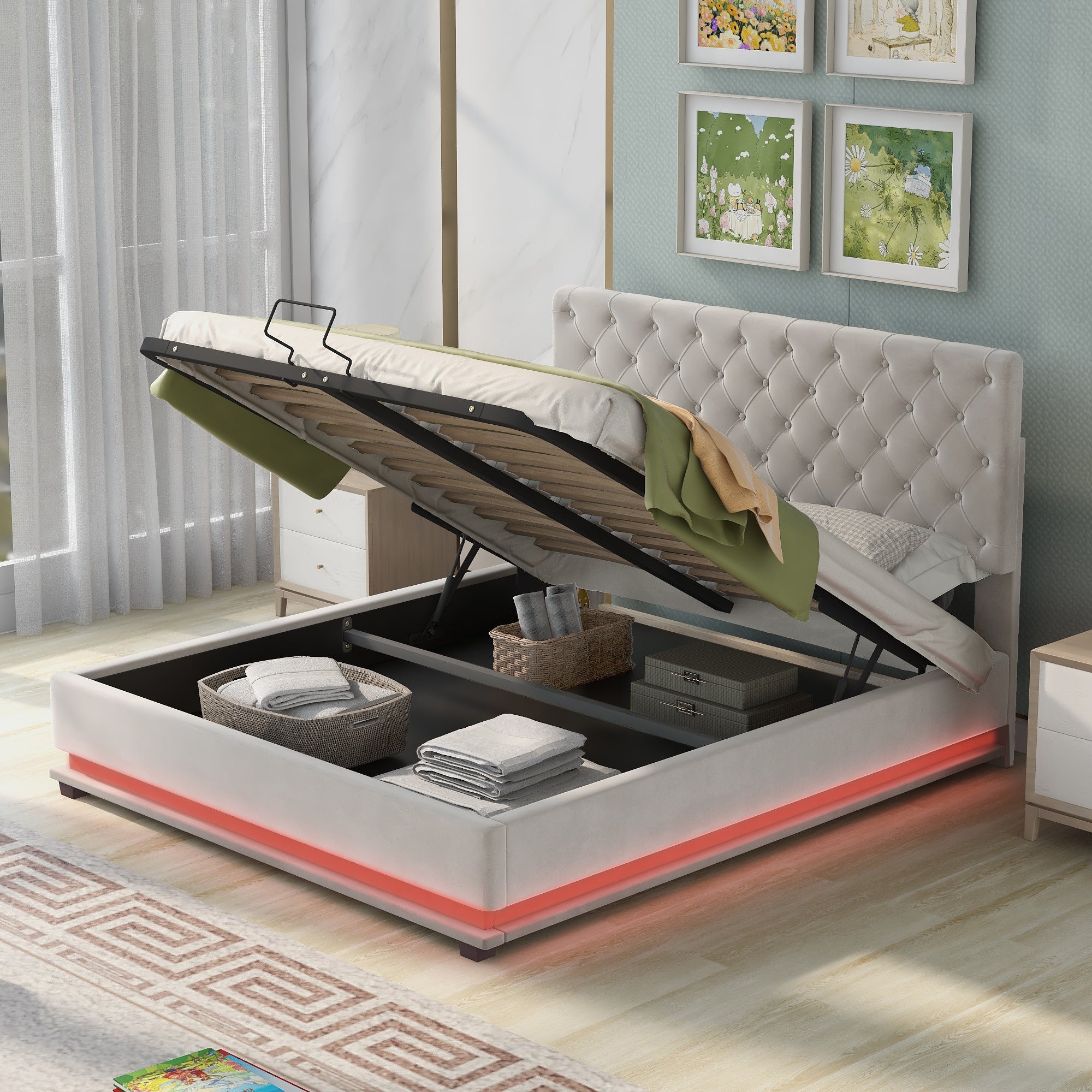 Queen Size Storage Upholstered Platform Bed with Adjustable Tufted Headboard and LED Light, Beige - Atlantic Fine Furniture Melbourne FL