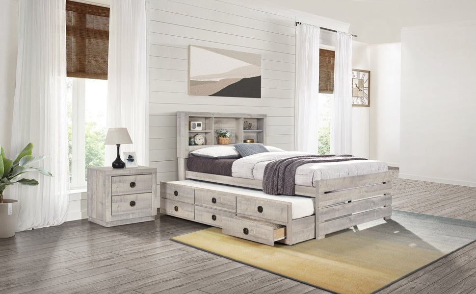 Farmhouse Style Twin Size Bookcase Captain Bed with Three Drawers and Trundle, Rustic White - Atlantic Fine Furniture Melbourne FL