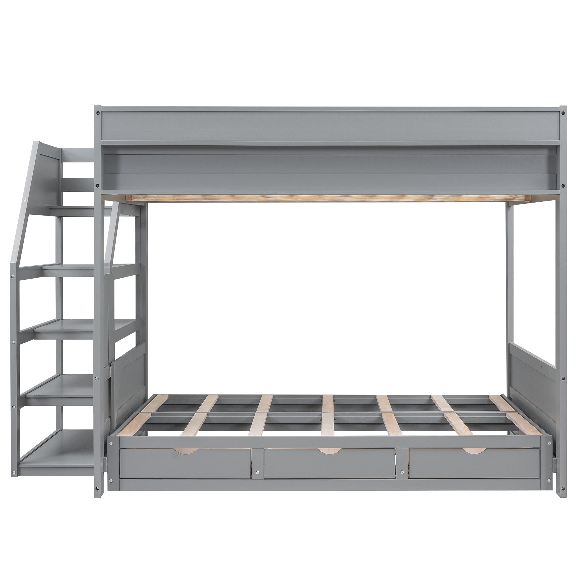 Wood Full Size Convertible Bunk Bed with Storage Staircase, Bedside Table, and 3 Drawers, Gray - Atlantic Fine Furniture Melbourne FL
