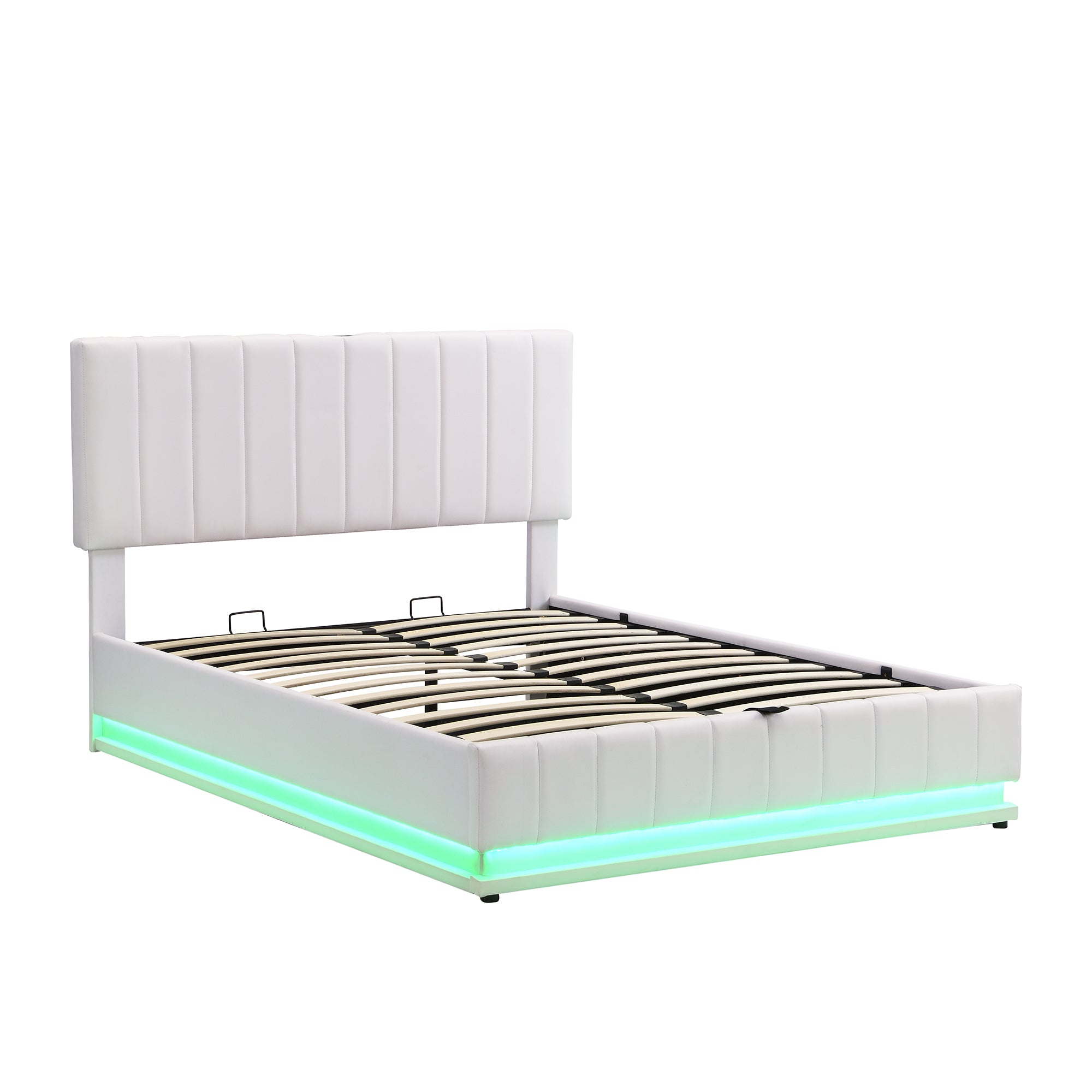 Full Size Upholstered Bed with Hydraulic Storage System and LED Light, Modern Platform Bed with Sockets and USB Ports, White - Atlantic Fine Furniture Melbourne FL