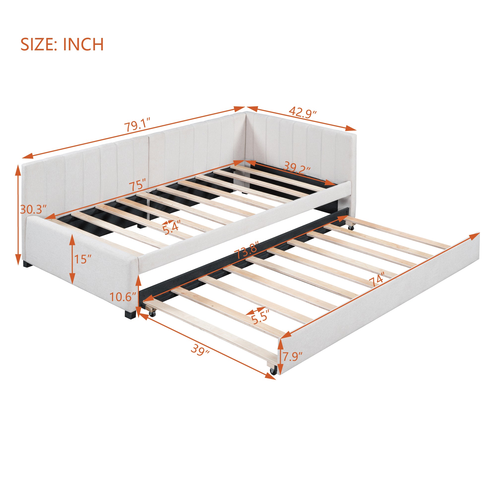 Upholstered Daybed with Trundle Twin Size Sofa Bed Frame No Box Spring Needed, Linen Fabric(Beige) - Atlantic Fine Furniture Melbourne FL