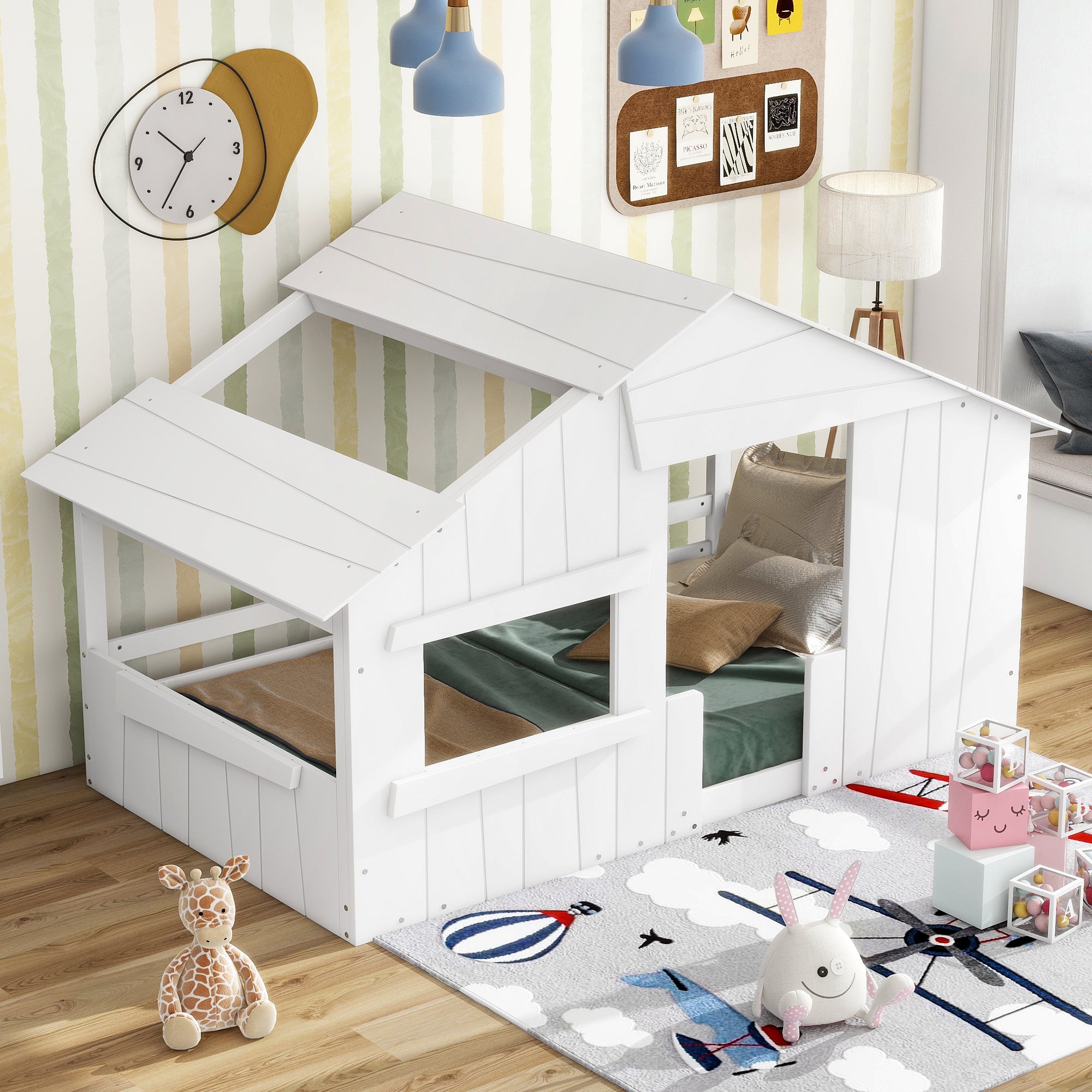 Wood Twin Size House Bed with Roof, Window and Guardrail, White - Atlantic Fine Furniture Melbourne FL