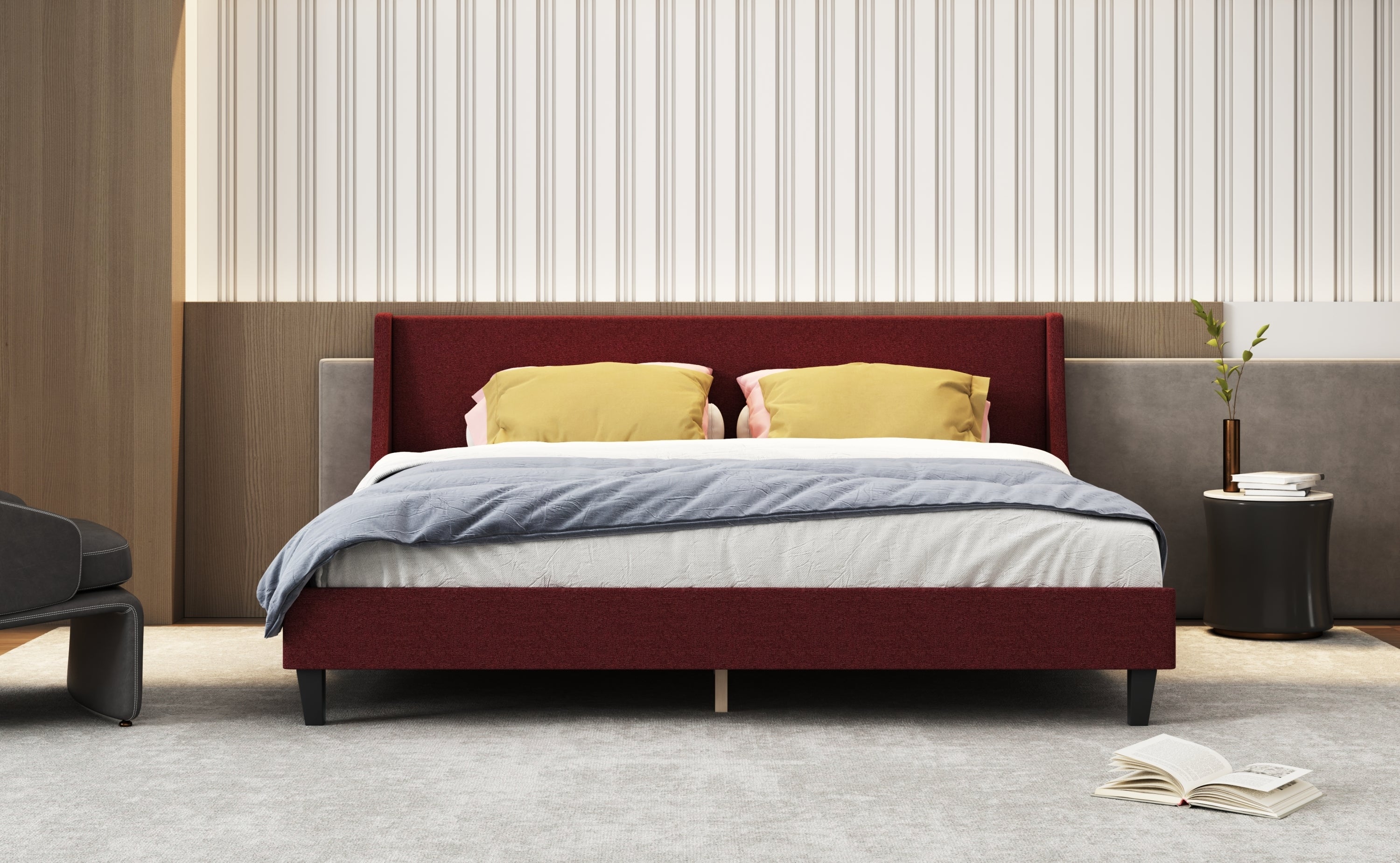 King Size Bed Frame Upholstered Bed Frame Platform ,Non-adjustable Headboard Linen Fabric Headboard Wooden Slats Support/No Box Spring Needed/Easy Assembly/Mattress Foundation, Orange