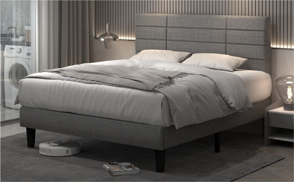 Molblly Full Size Bed Frame with Upholstered Headboard, Strong Frame, and Wooden Slats Support, Non-Slip and Noise-Free, No Box Spring Needed, Easy Assembly, Light Grey - Atlantic Fine Furniture Melbourne FL