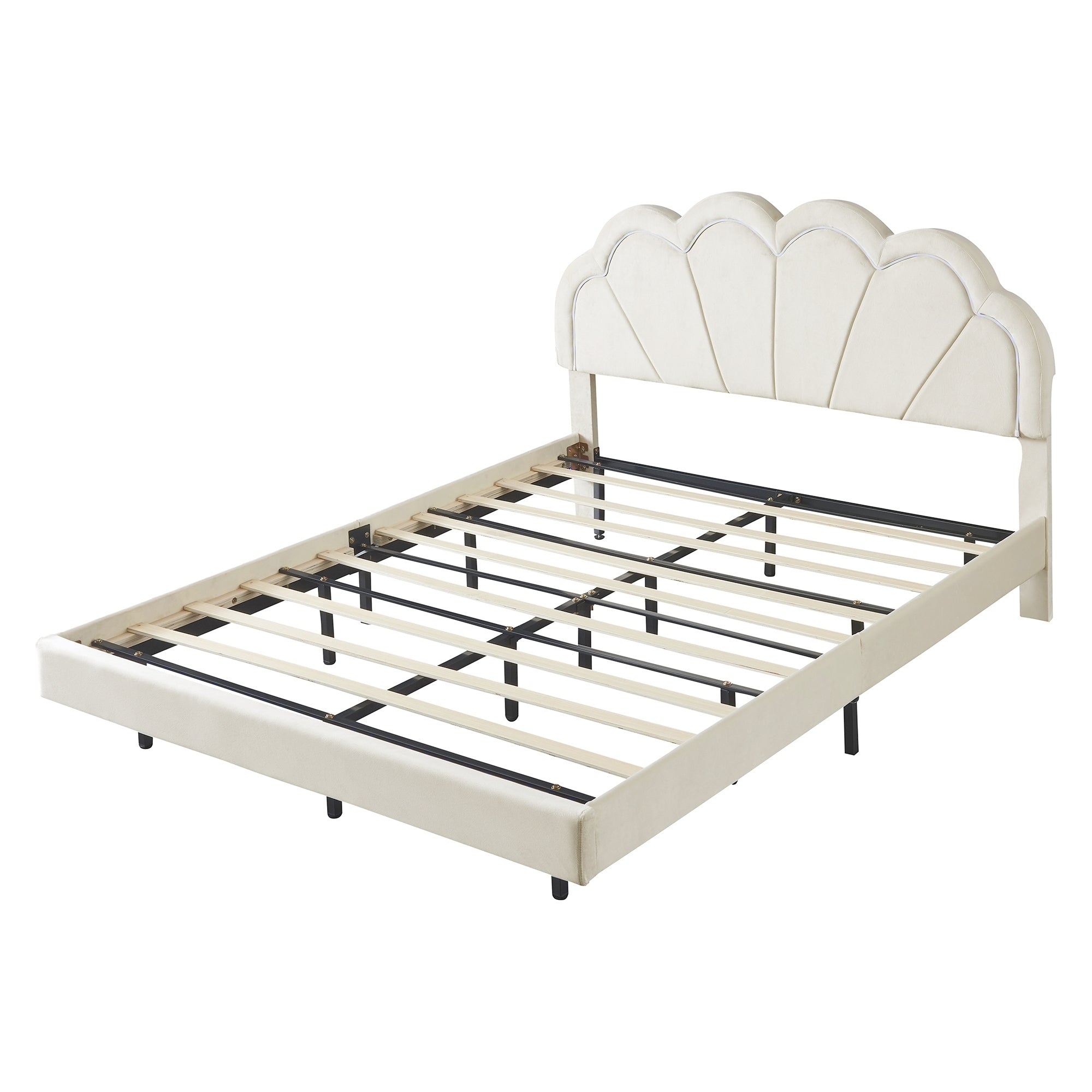 Queen Upholstered Smart LED Bed Frame with Elegant Flowers Headboard,Floating Velvet Platform LED Bed with Wooden Slats Support,Beige - Atlantic Fine Furniture Melbourne FL