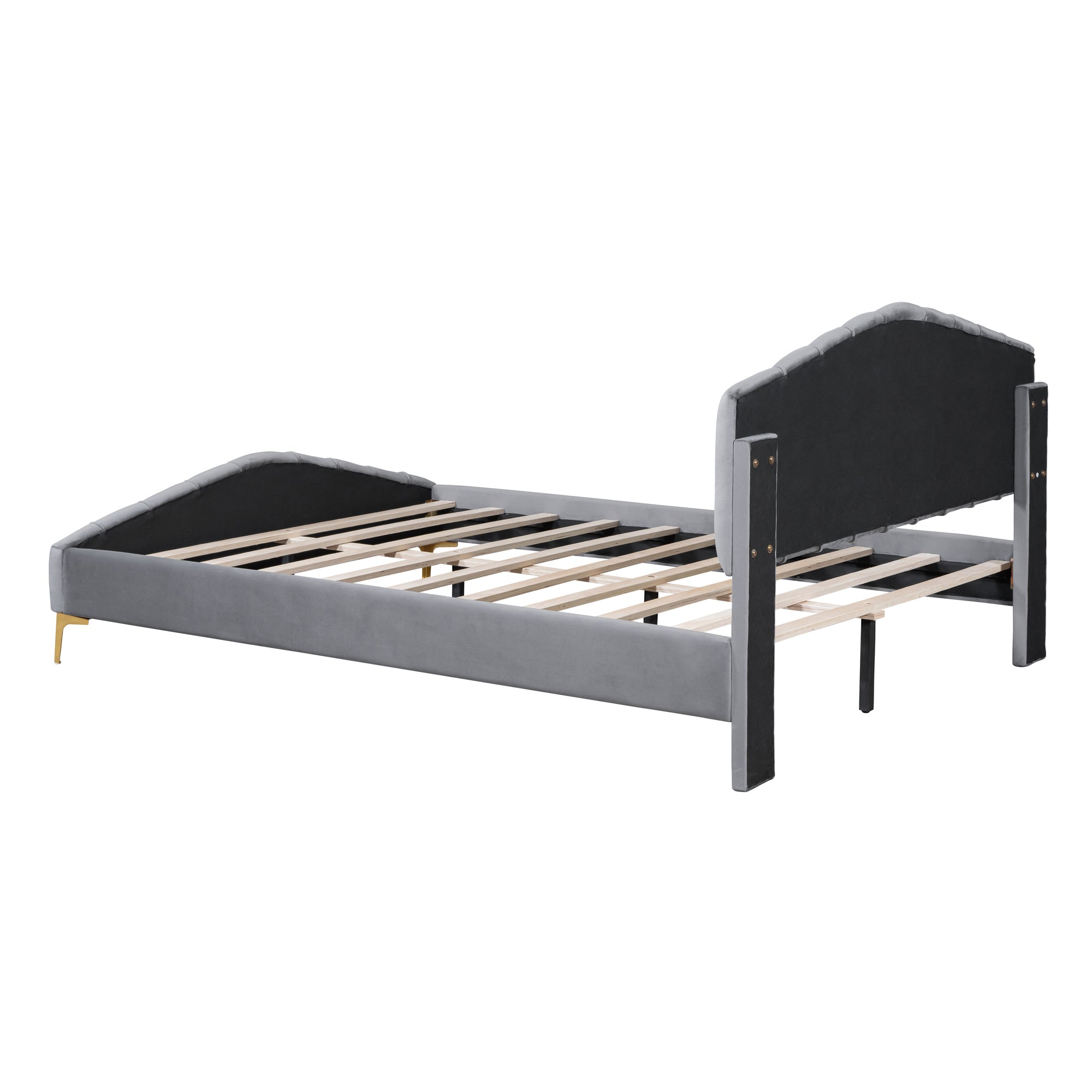 Queen Size Velvet Platform Bed with Thick Fabric, Stylish Stripe Decorated Bedboard and Elegant Metal Bed Leg, Gray - Atlantic Fine Furniture Melbourne FL