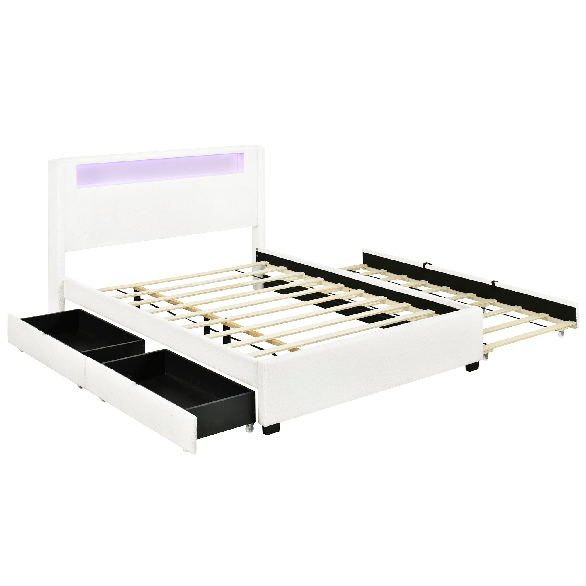 Queen Size Upholstered Platform Bed with LED Frame, with Twin XL Size Trundle and 2 drawers, Teddy Fleece, White - Atlantic Fine Furniture Melbourne FL
