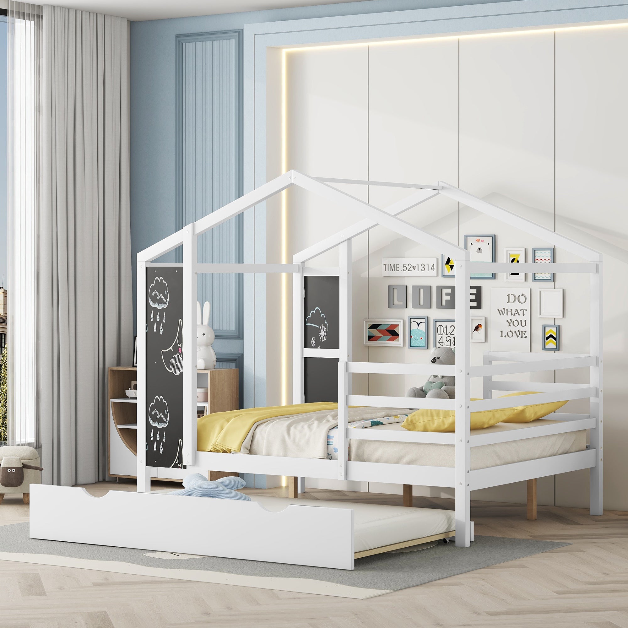 Full Size Wood House Bed with Fence and Writing Board, White - Atlantic Fine Furniture Melbourne FL