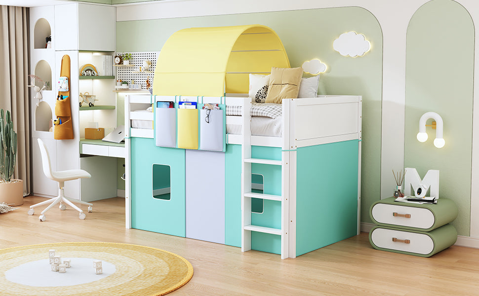 Twin Size Loft Bed with Tent and Tower and Three Pockets- Green - Atlantic Fine Furniture Melbourne FL