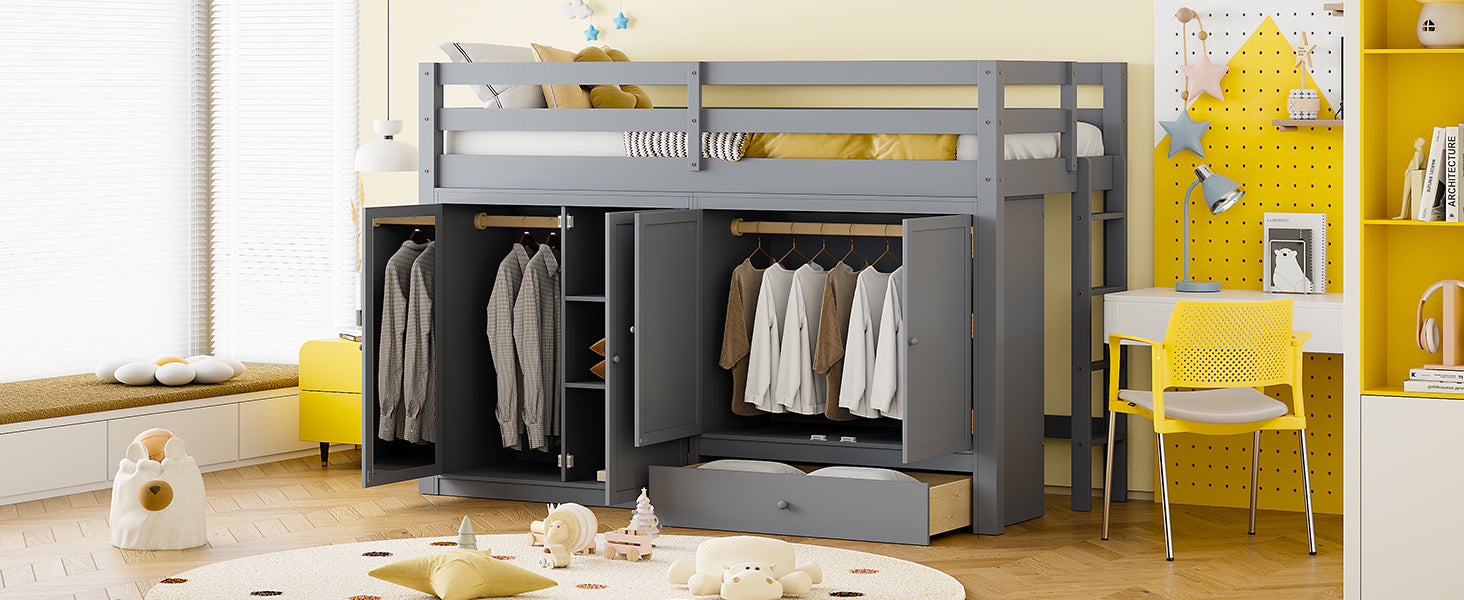 Twin size Loft Bed with Drawer, Two Wardrobes and Mirror, Gray - Atlantic Fine Furniture Melbourne FL