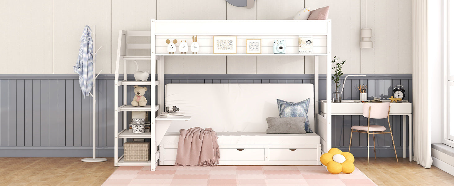 Wood Full Size Convertible Bunk Bed with Storage Staircase, Bedside Table, and 3 Drawers, White - Atlantic Fine Furniture Melbourne FL