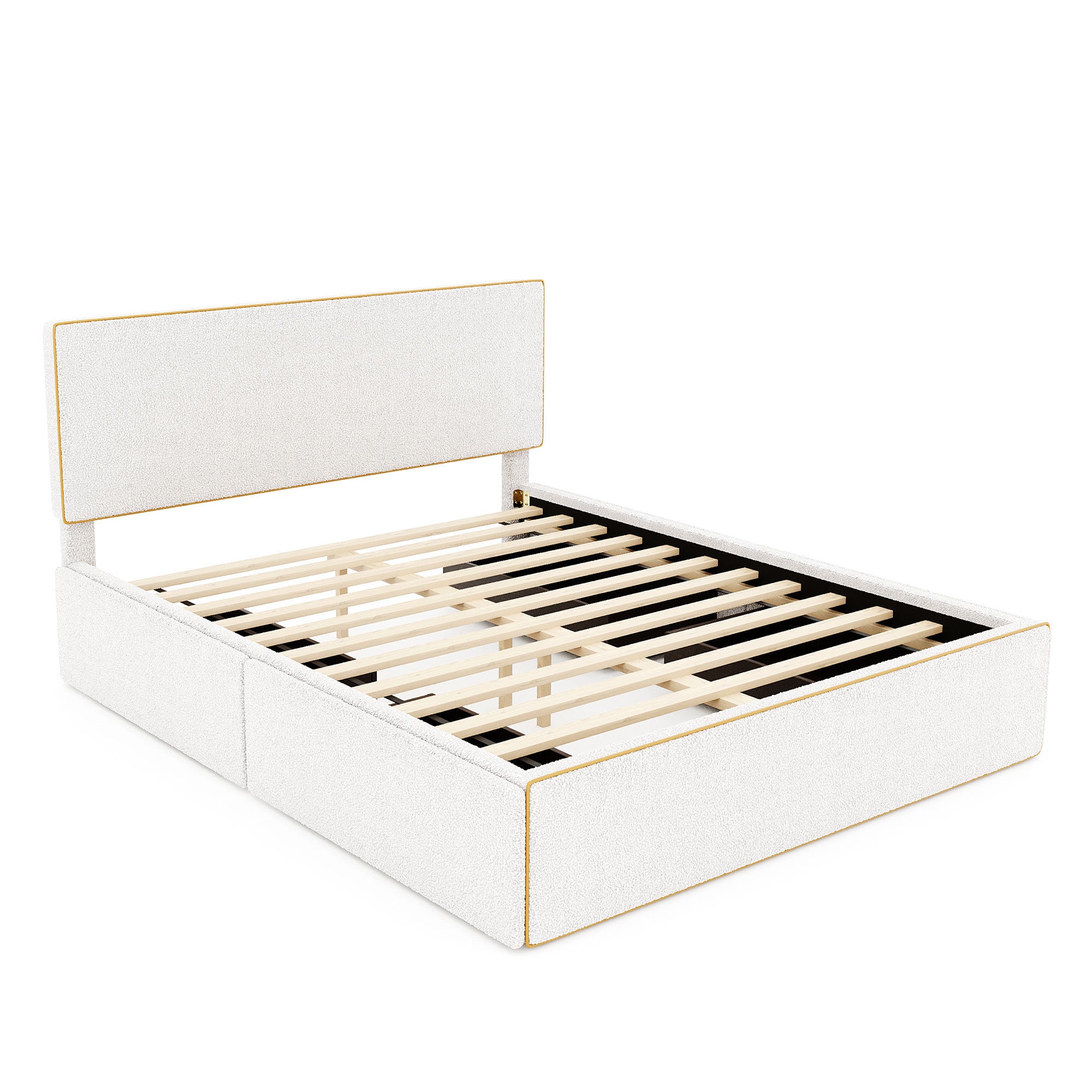Queen Size Upholstered Platform Bed with 4 Drawers and Golden Edge on the Headboard & Footboard, White - Atlantic Fine Furniture Melbourne FL