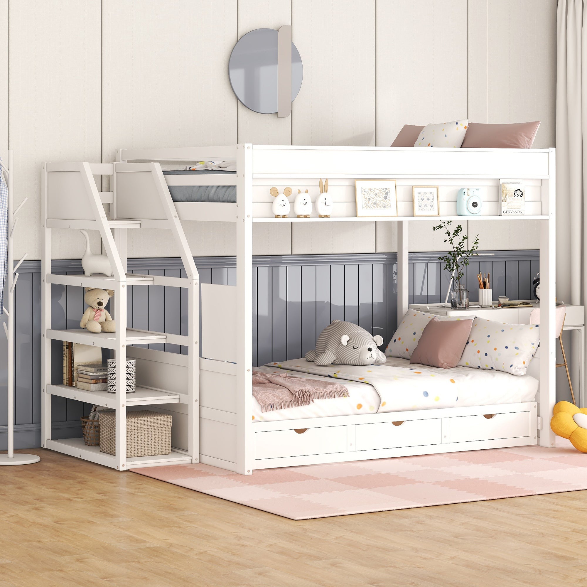Wood Full Size Convertible Bunk Bed with Storage Staircase, Bedside Table, and 3 Drawers, White - Atlantic Fine Furniture Melbourne FL